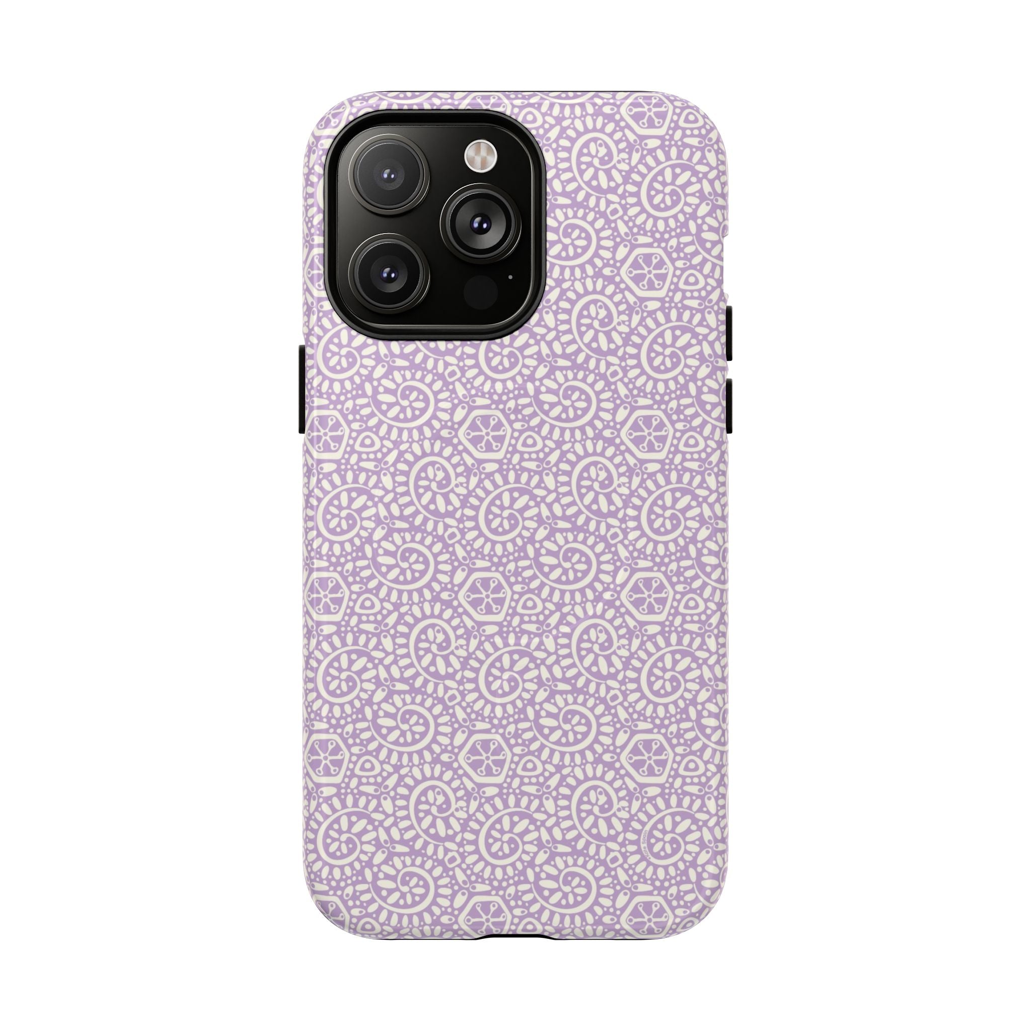 Canto Swirls Lavender MagSafe iPhone 14 Pro Max Glossy Case — lavender hard case covered in an intricate folk-art medallion pattern of radiating circular motifs, dot clusters, and geometric centers
