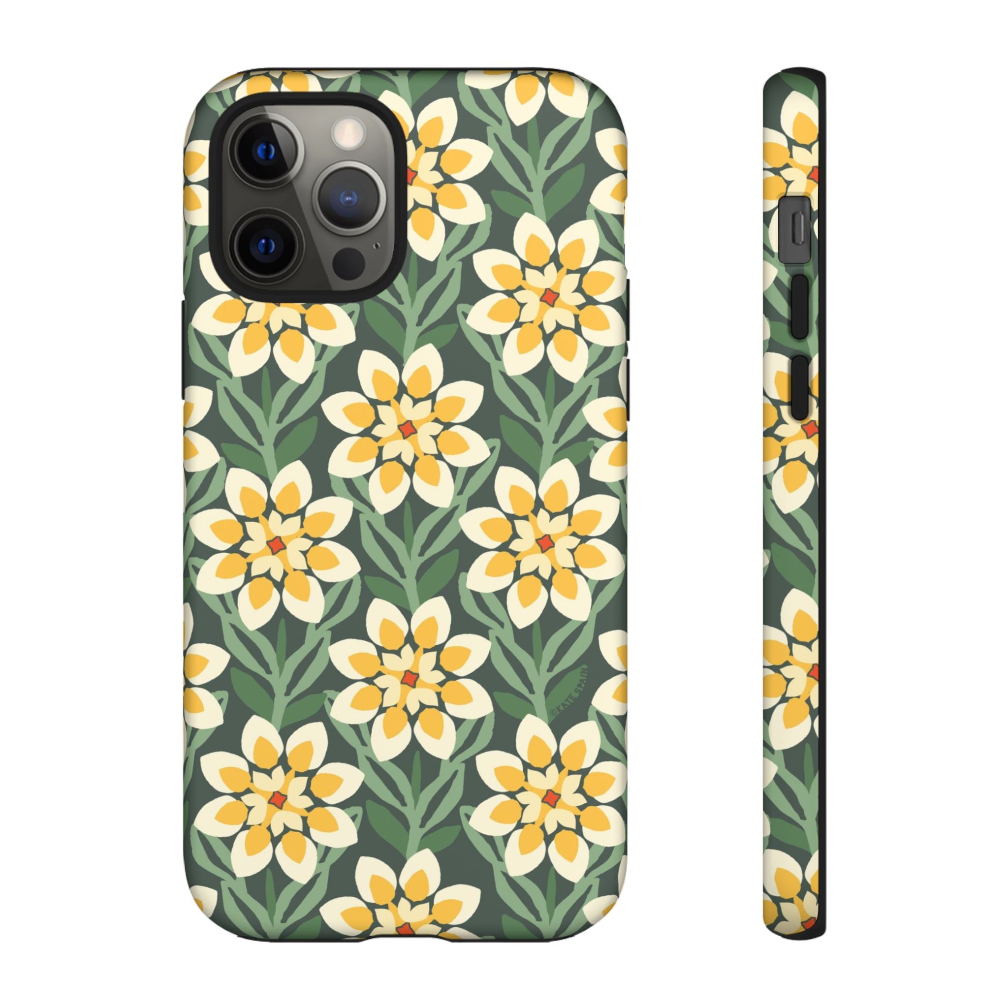 Designer Modern Dahlia Tough iPhone 12 Pro Case – Matte | yellow, cream, green dahlia floral print