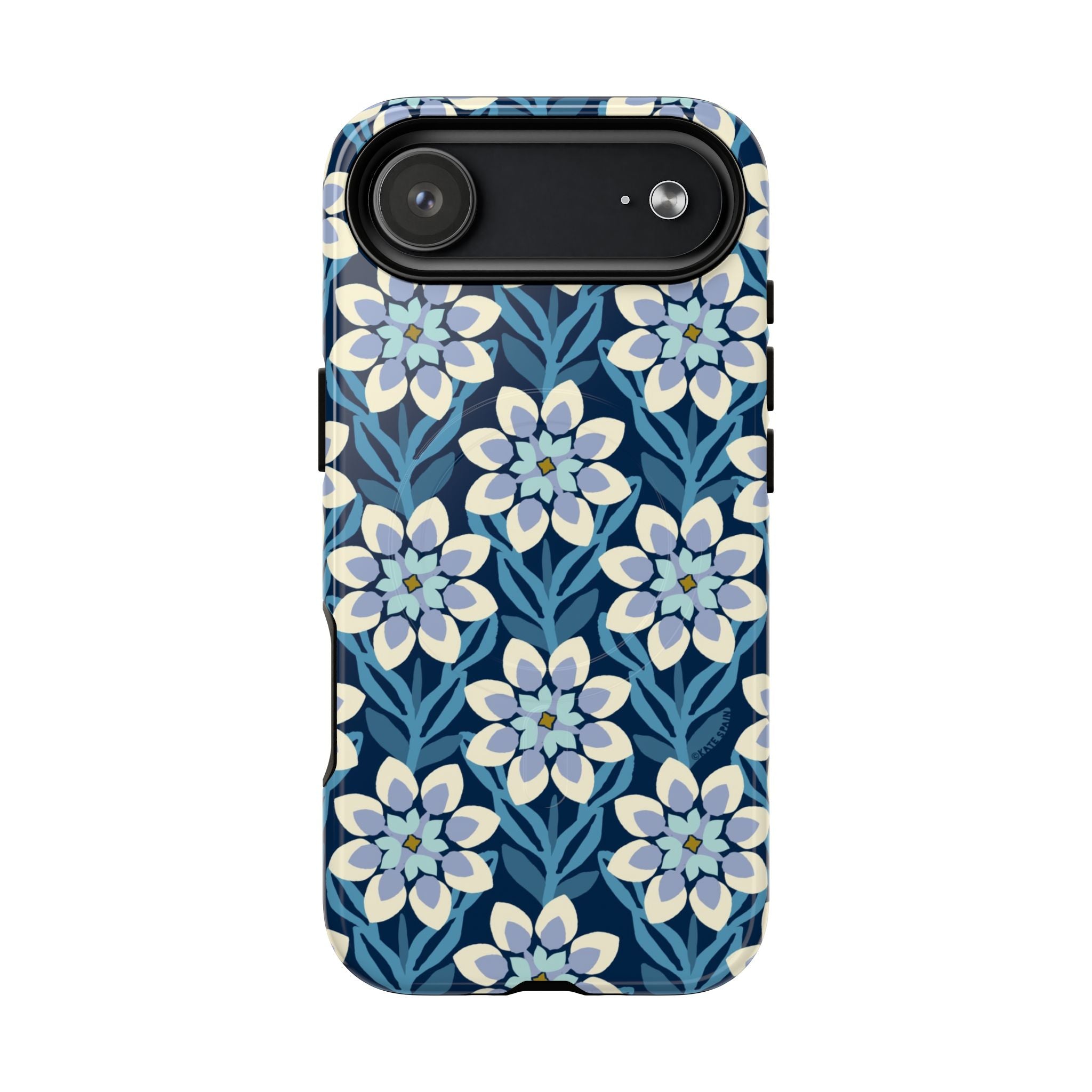Luxury Modern Dahlia MagSafe iPhone 17 Air Case – Glossy | navy, slate blue, white geometric dahlia tile floral print
