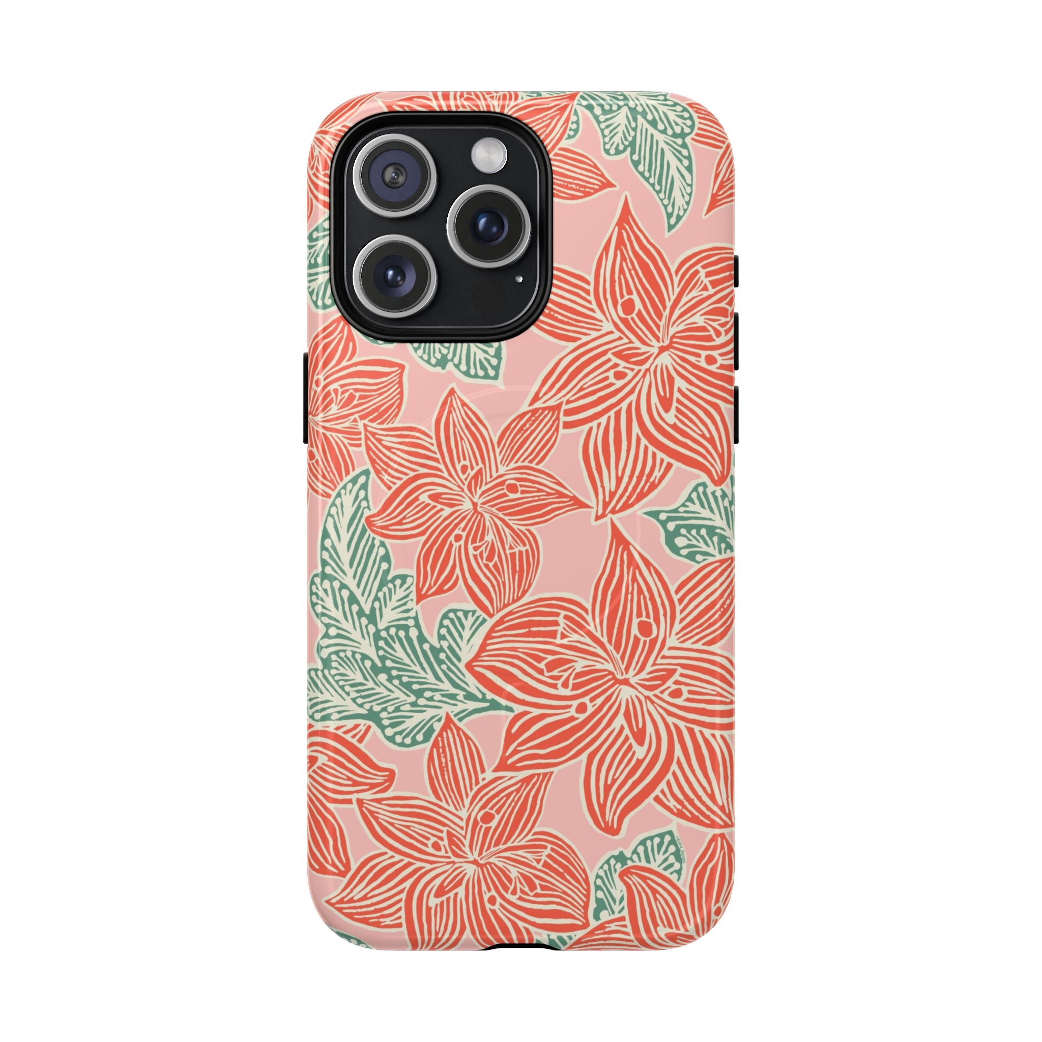 Hibiscus Coral MagSafe iPhone 15 Pro Max Glossy Case — blush pink hard case with large-scale coral red hibiscus flowers and teal-green leaves in a bold botanical linework print, densely layered across the surface
