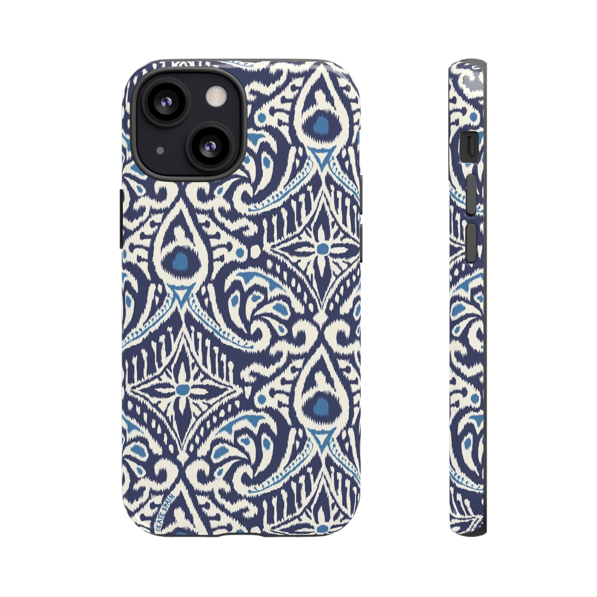 Ikat Tough iPhone 13 Mini Case – Glossy | navy, cream, blue ikat medallion print