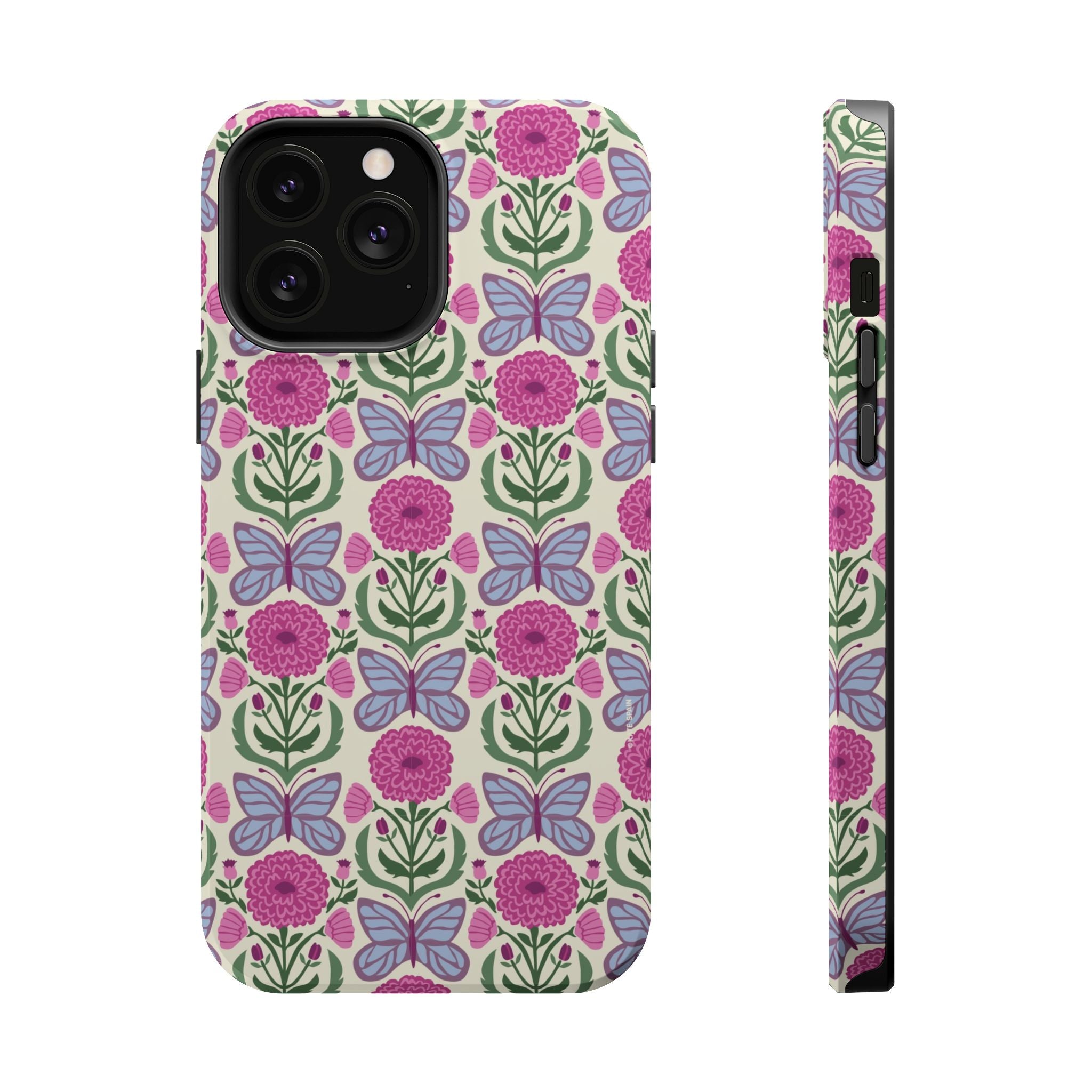Butterfly MagSafe iPhone 13 Pro Max Case – Glossy | cream, magenta, periwinkle butterfly floral print
