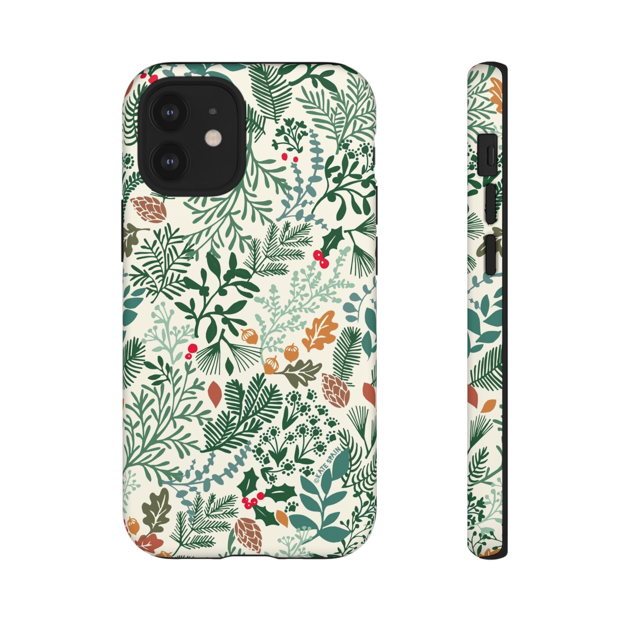 Juniper Tough iPhone 12 Mini Case – Matte | cream, green, red botanical woodland print