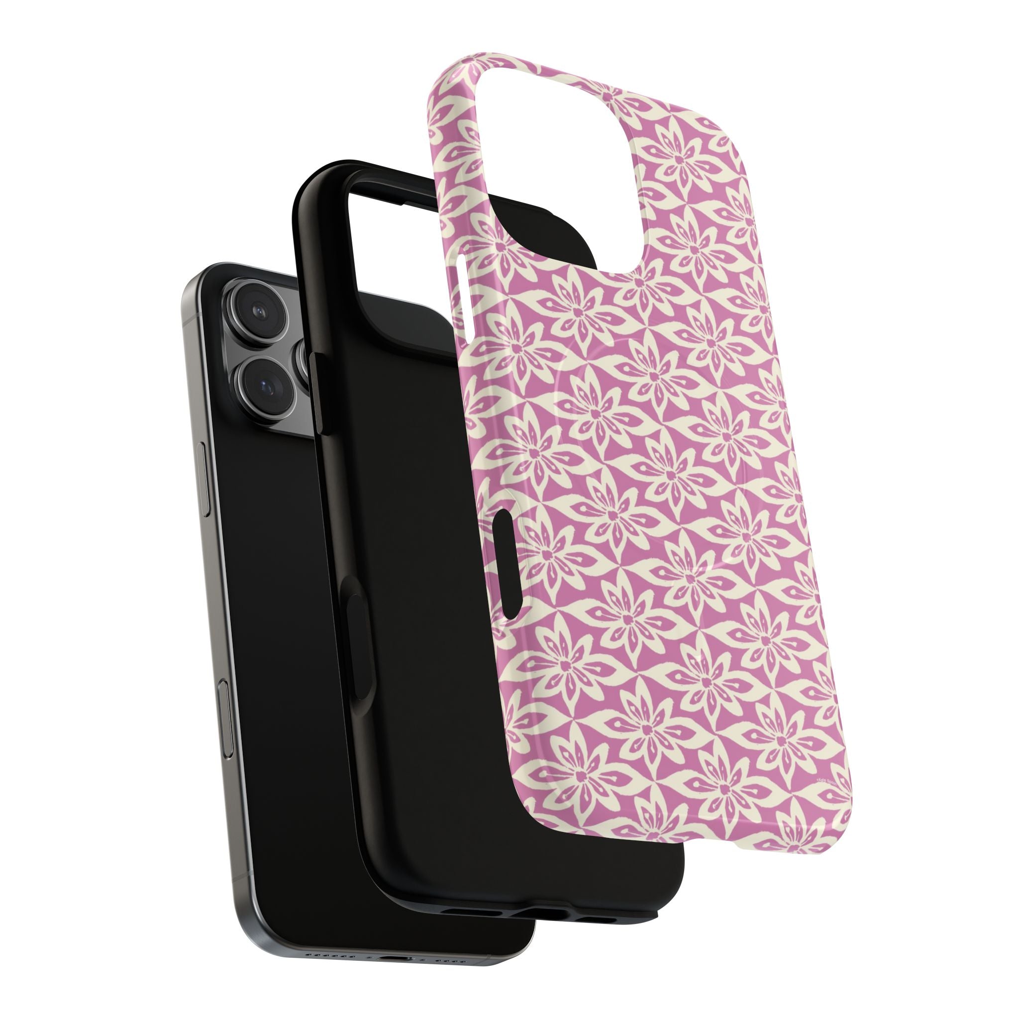 Lily Rose MagSafe iPhone 16 Pro Max Case – Glossy | angled view showing camera cutout and buttons — botanical MagSafe case by Kate Spain