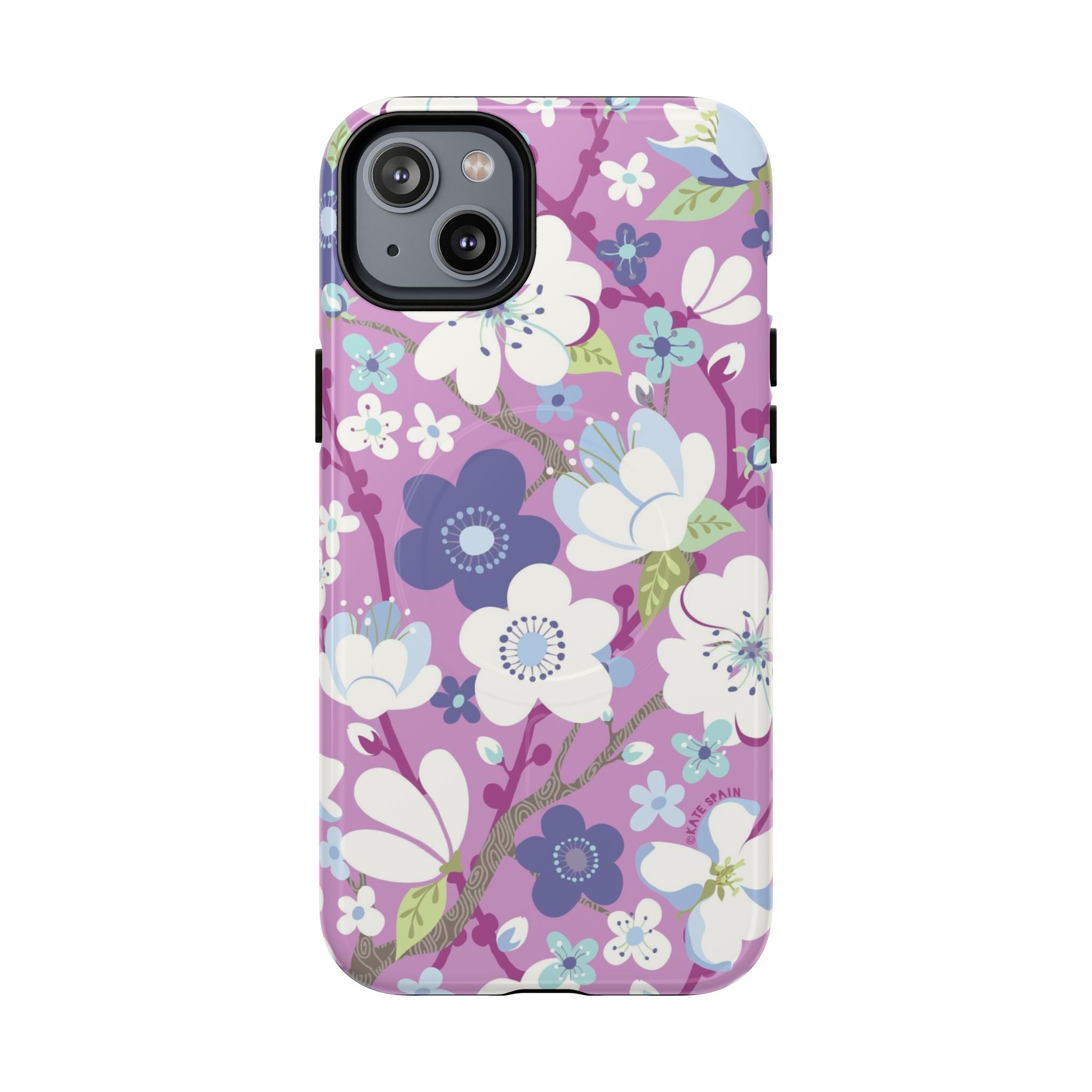 Purple Cherry Blossom MagSafe iPhone 14 Plus Case – Glossy | mauve, purple, blue, white cherry blossom print