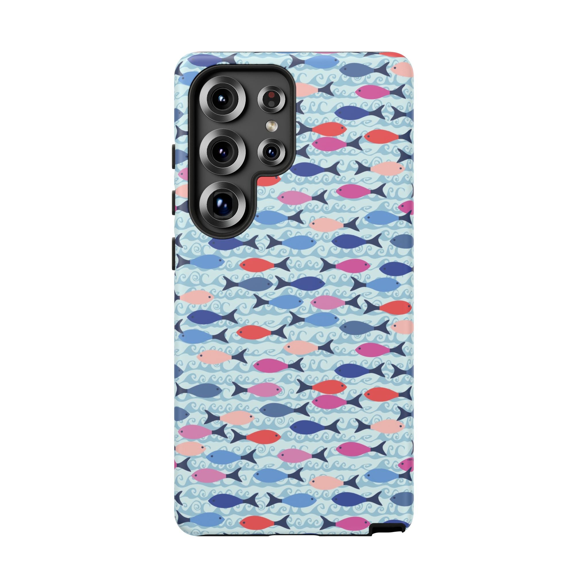 Summer Minnows Samsung Galaxy S25 Ultra Case – Matte | navy, coral, pink, and periwinkle fish on a pale aqua ground