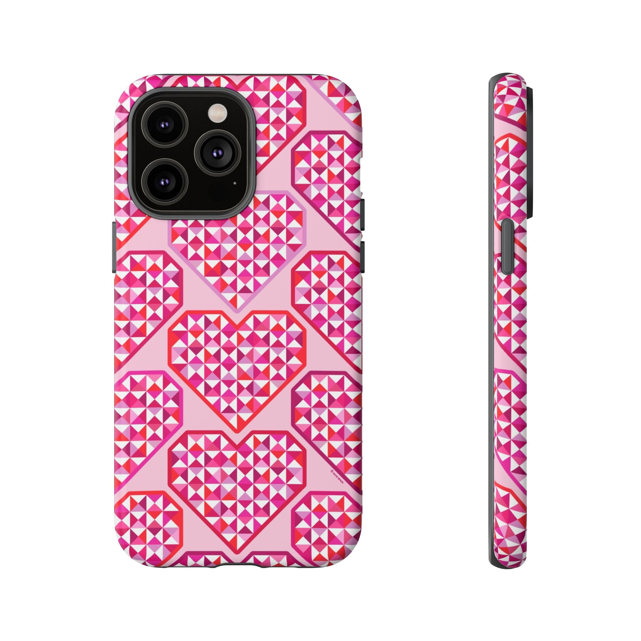 Pink Pyramid Heart Tough iPhone 14 Pro Max Case – Matte | blush, pink, magenta, red geometric pyramid heart print
