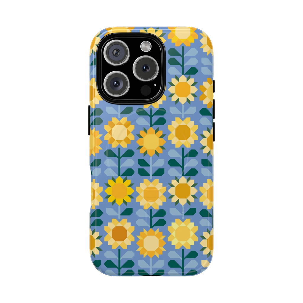 Sunflowers MagSafe iPhone 16 Pro Case – Glossy | blue, yellow, gold geometric sunflower print
