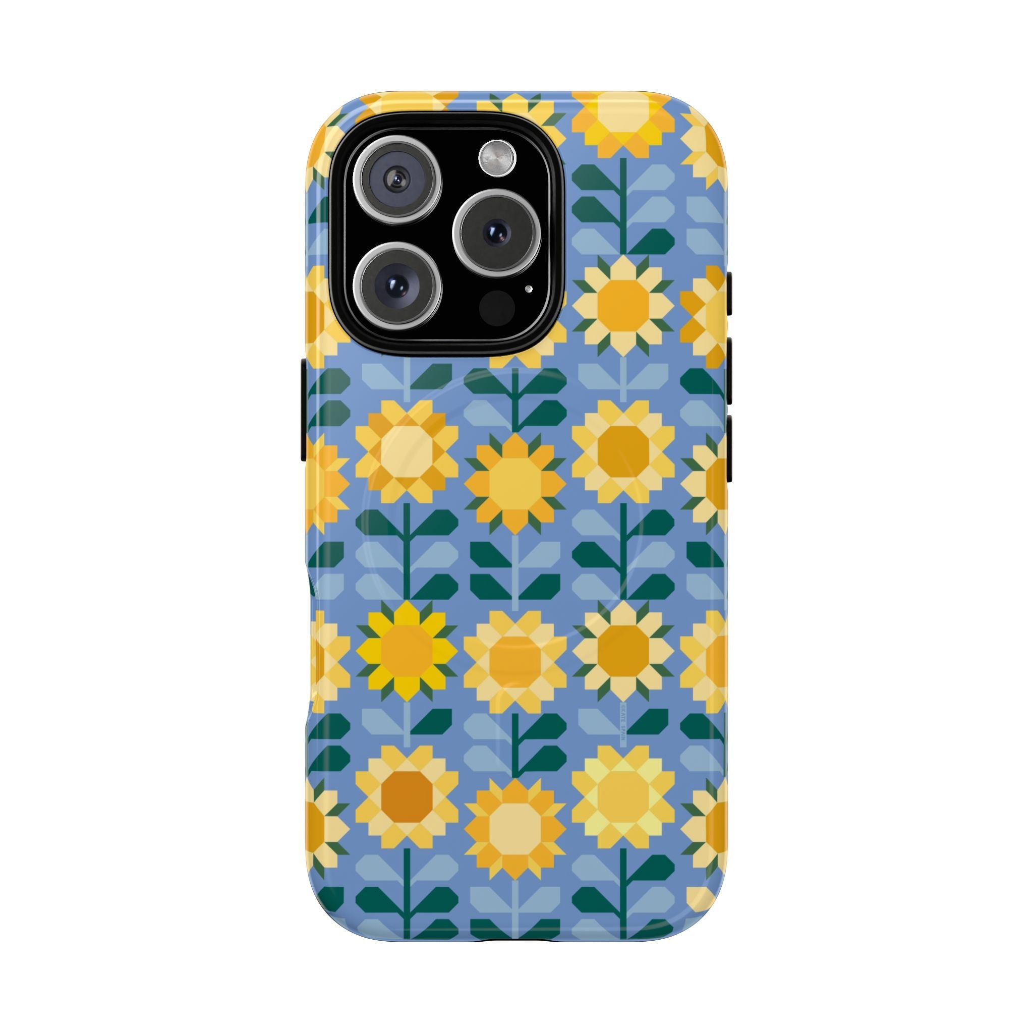 Sunflowers MagSafe iPhone 16 Pro Case – Glossy | blue, yellow, gold geometric sunflower print