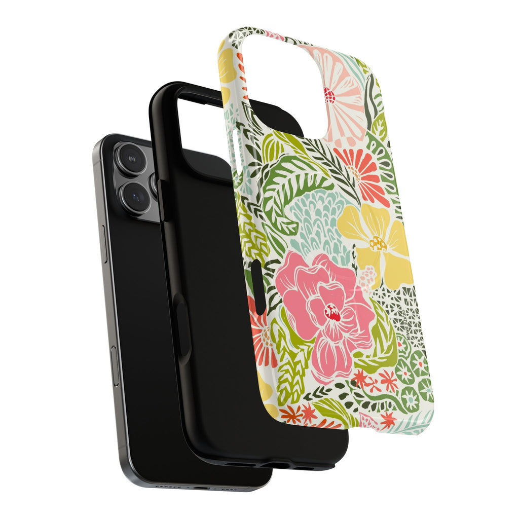 Tropica MagSafe iPhone 16 Pro Max Case – Dual-layered view of case and inner lining in front of phone, with view of camera cutout and buttons | yellow, coral, pink, green botanical tropical floral print