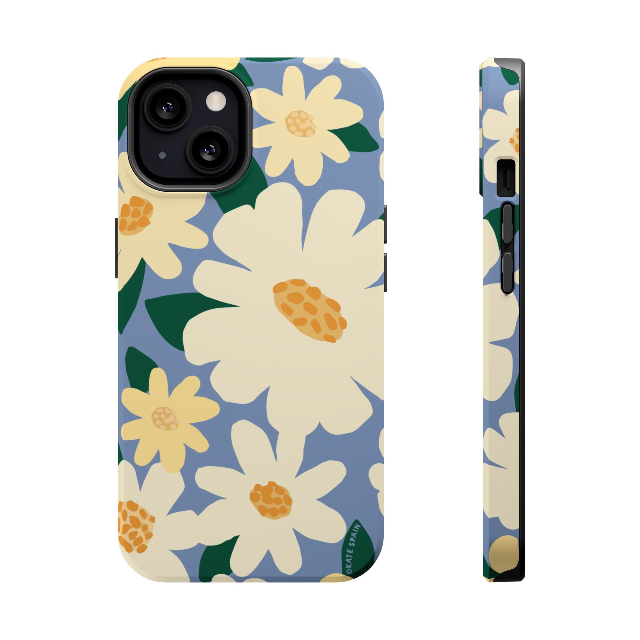Chamomile MagSafe iPhone 13 Case – Matte | periwinkle, cream, yellow botanical daisy floral print MagSafe compatible, dual-layer protection