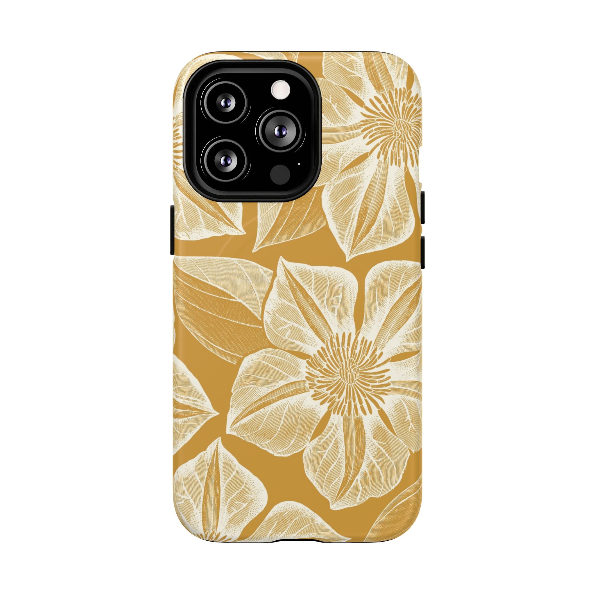 Vintage Bloom Gold MagSafe iPhone 13 Pro Case – Matte | warm gold ground, large-scale cream clematis print, engraved petal detail, dual-layer protection