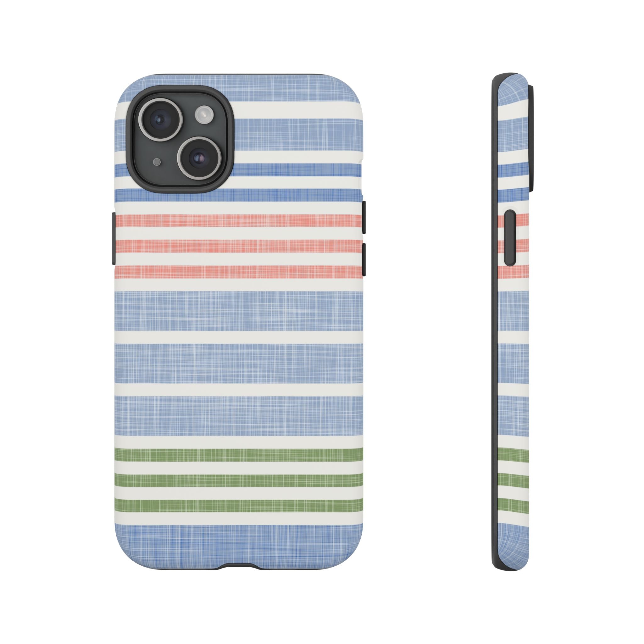 Cabana Stripe Pastel Tough iPhone 15 Plus Case – Matte | soft blue, coral, sage green chambray-textured stripe print dual-layer protection