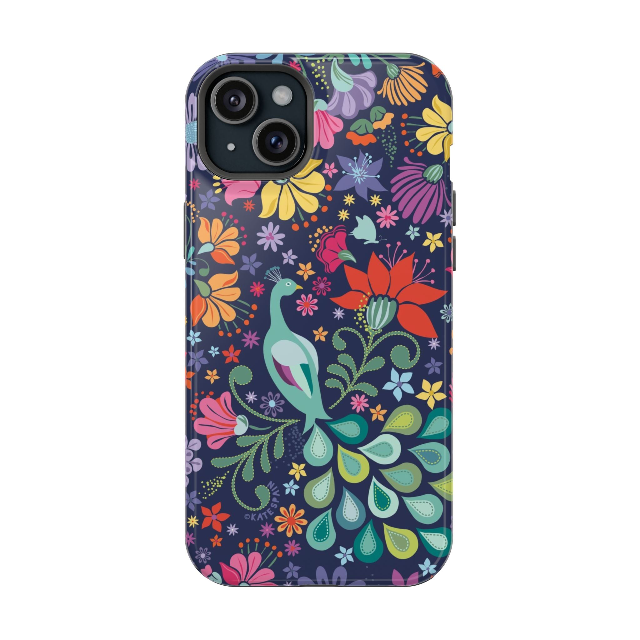Peacock Sanctuary MagSafe iPhone 15 Plus Case – Glossy | navy, teal, ivory peacock botanical print MagSafe compatible, dual-layer protection