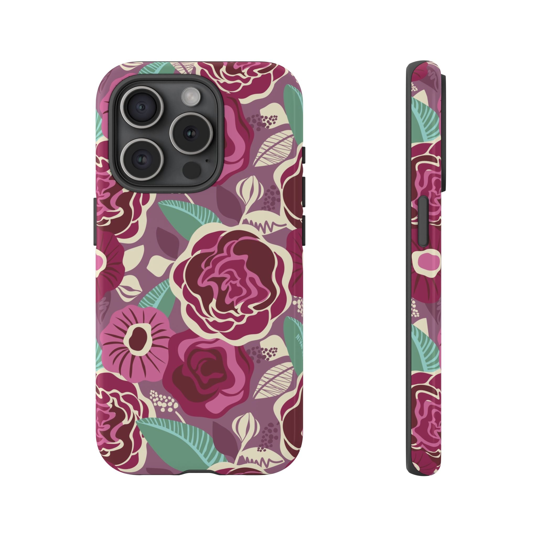 Tea Rose Burgundy Tough iPhone 15 Pro Case – Glossy | burgundy, magenta, plum botanical rose floral print