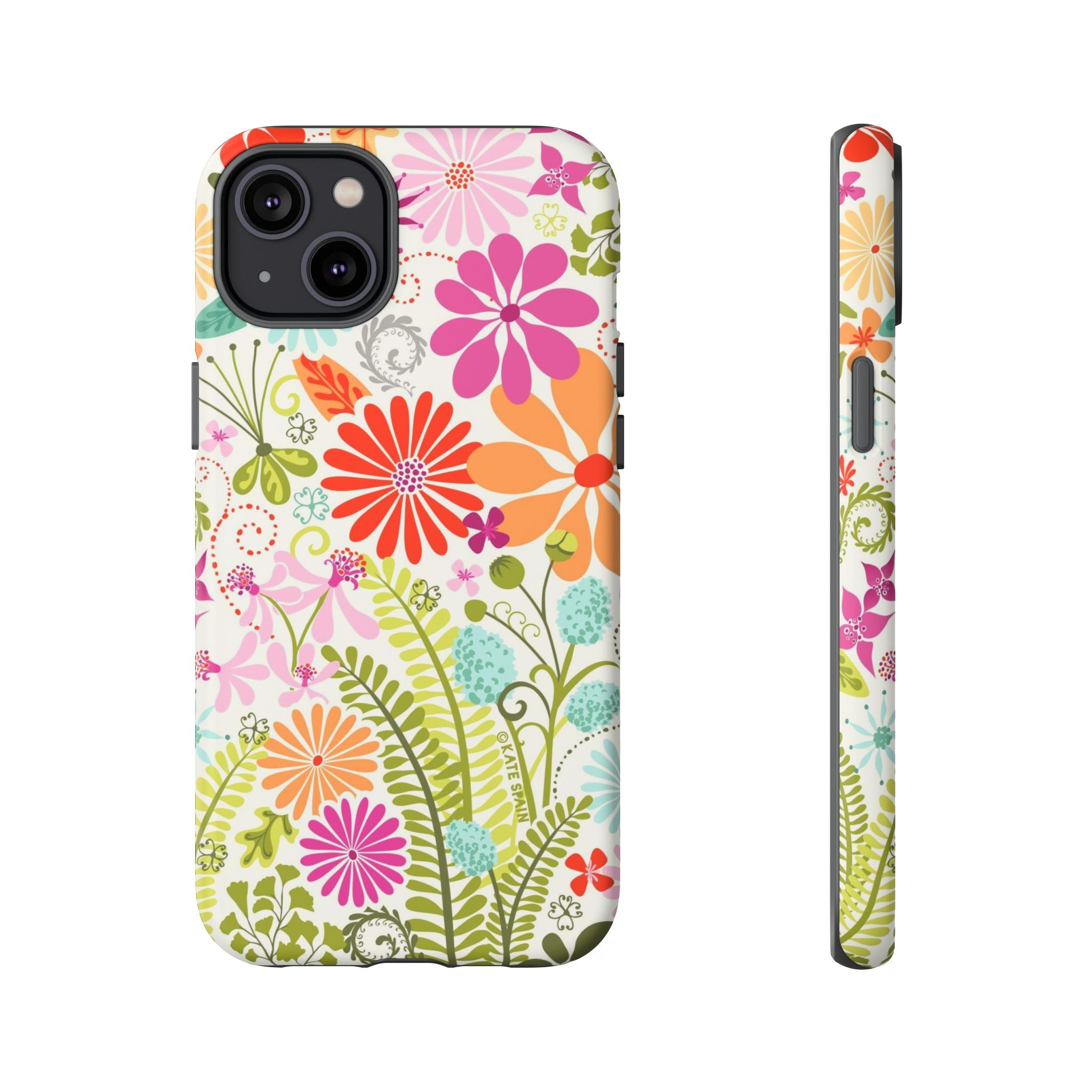 Luxury Terrain Tough iPhone 14 Plus Case – Matte | white, magenta, coral botanical woodland floral print