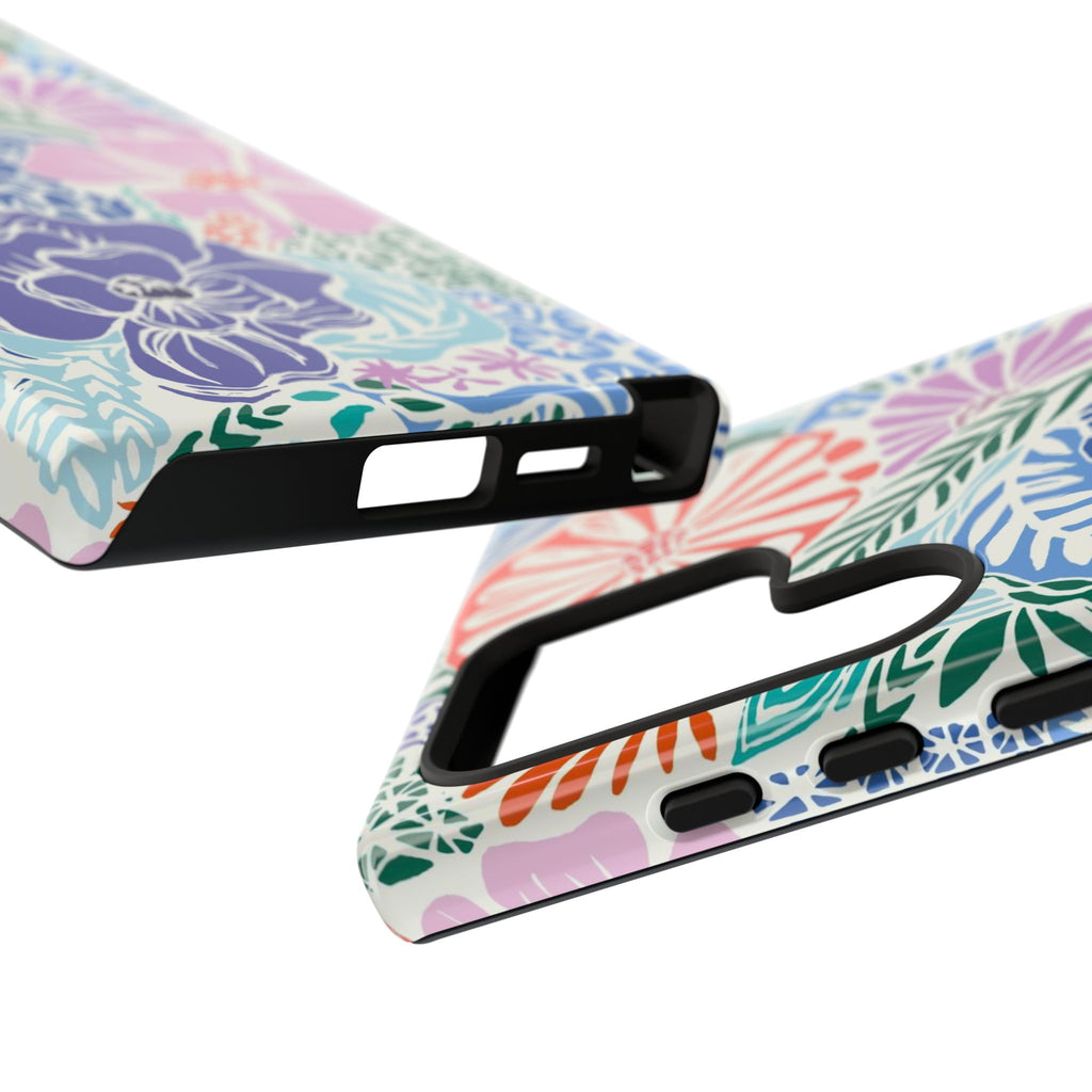 Luxury Tropica Samsung Galaxy S24 Ultra Case – close-up detail of sides, buttons, and ports in case | purple, coral, pink, blue botanical tropical floral print