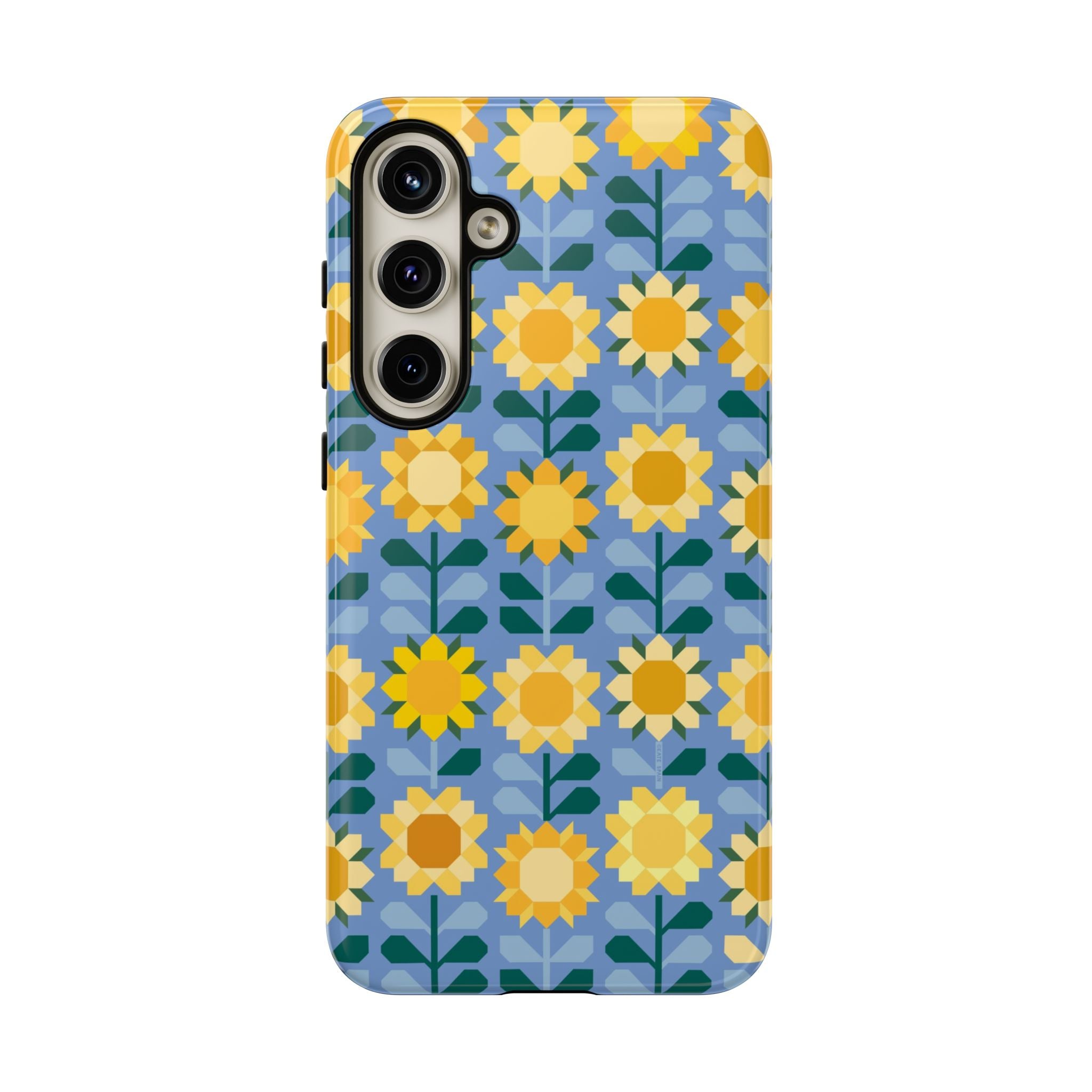 Luxury Sunflowers Samsung Galaxy S24 Plus Case – Glossy | blue, yellow, gold geometric sunflower print 