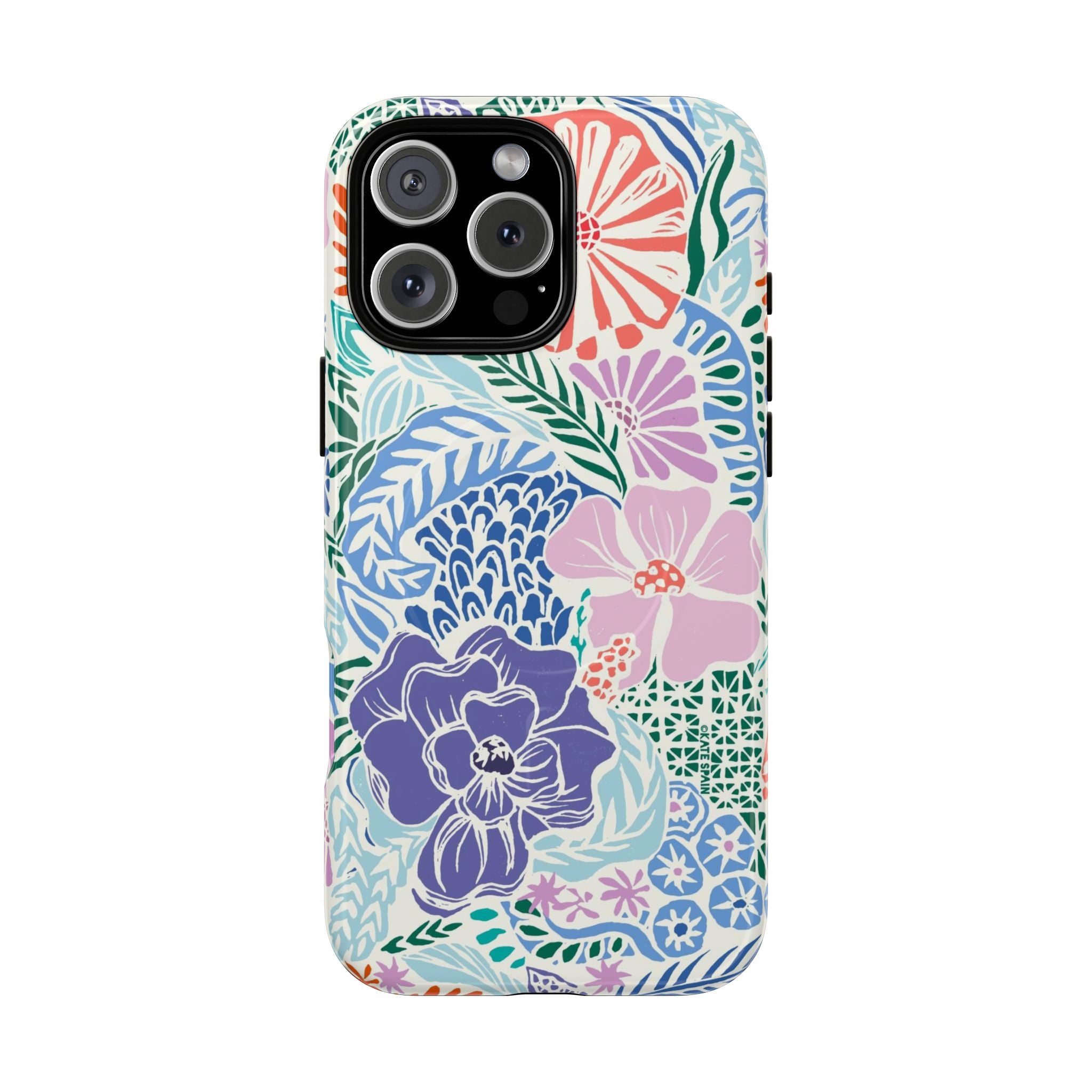 Tropica MagSafe iPhone 16 Pro Max Case – Glossy | purple, coral, pink, blue botanical tropical floral print