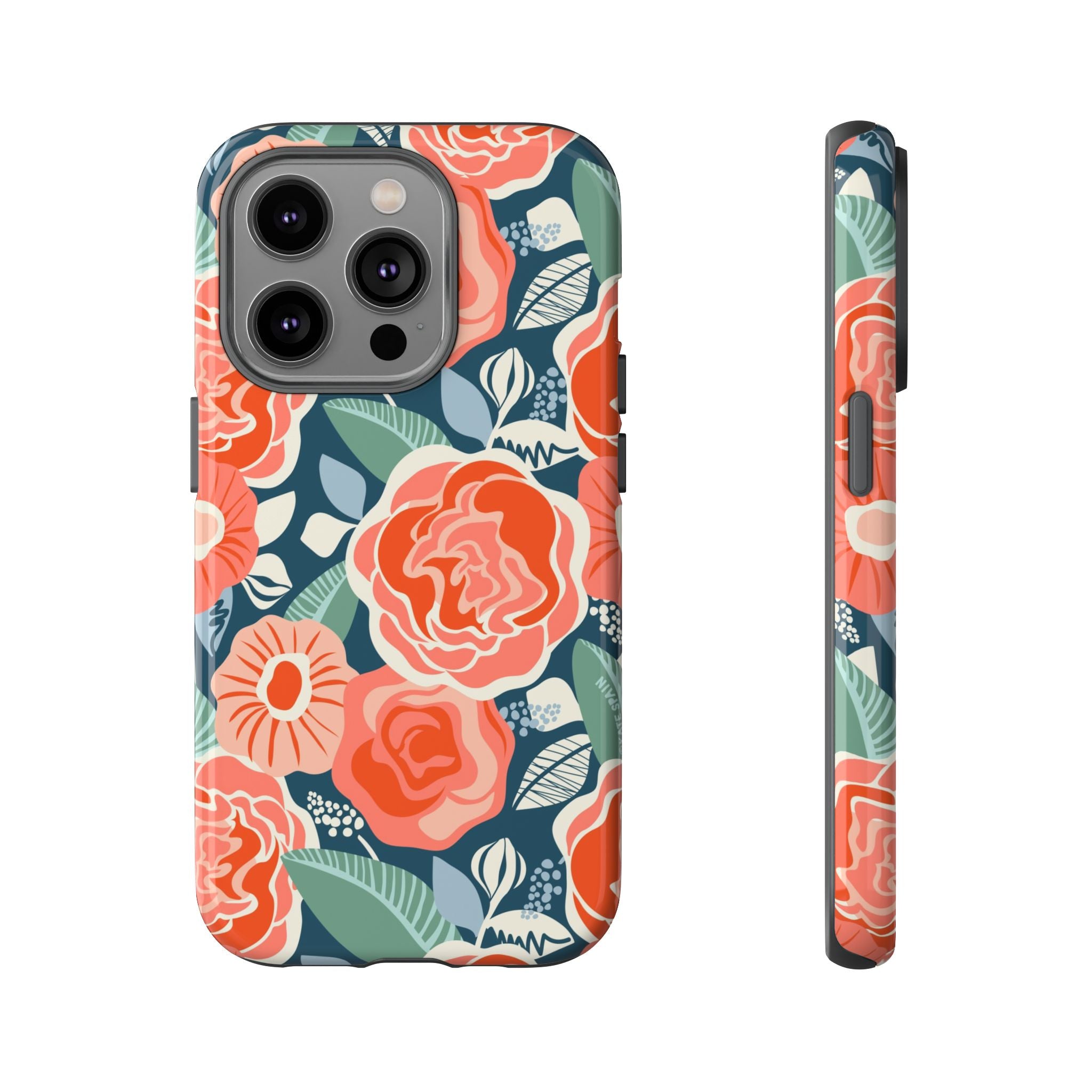 Tea Rose Navy Tough iPhone 14 Pro Case – Matte | navy, coral, pink, cream rose floral print