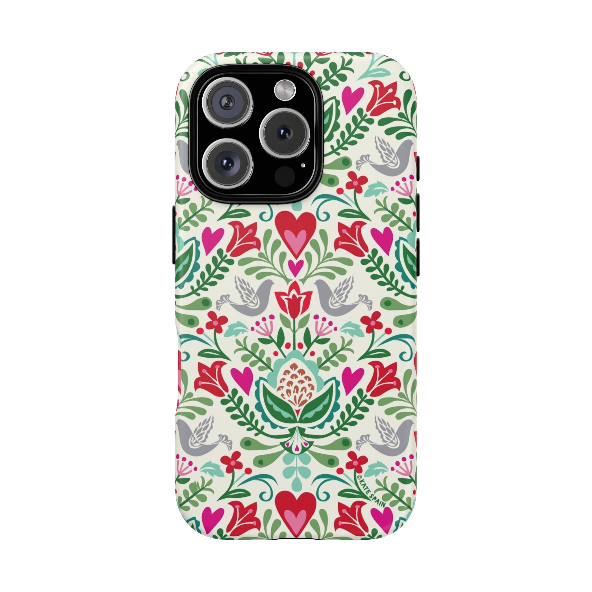 Rosemaling Tough iPhone 16 Pro Case – Glossy | cream, red, pink, green, gray folk art floral bird print