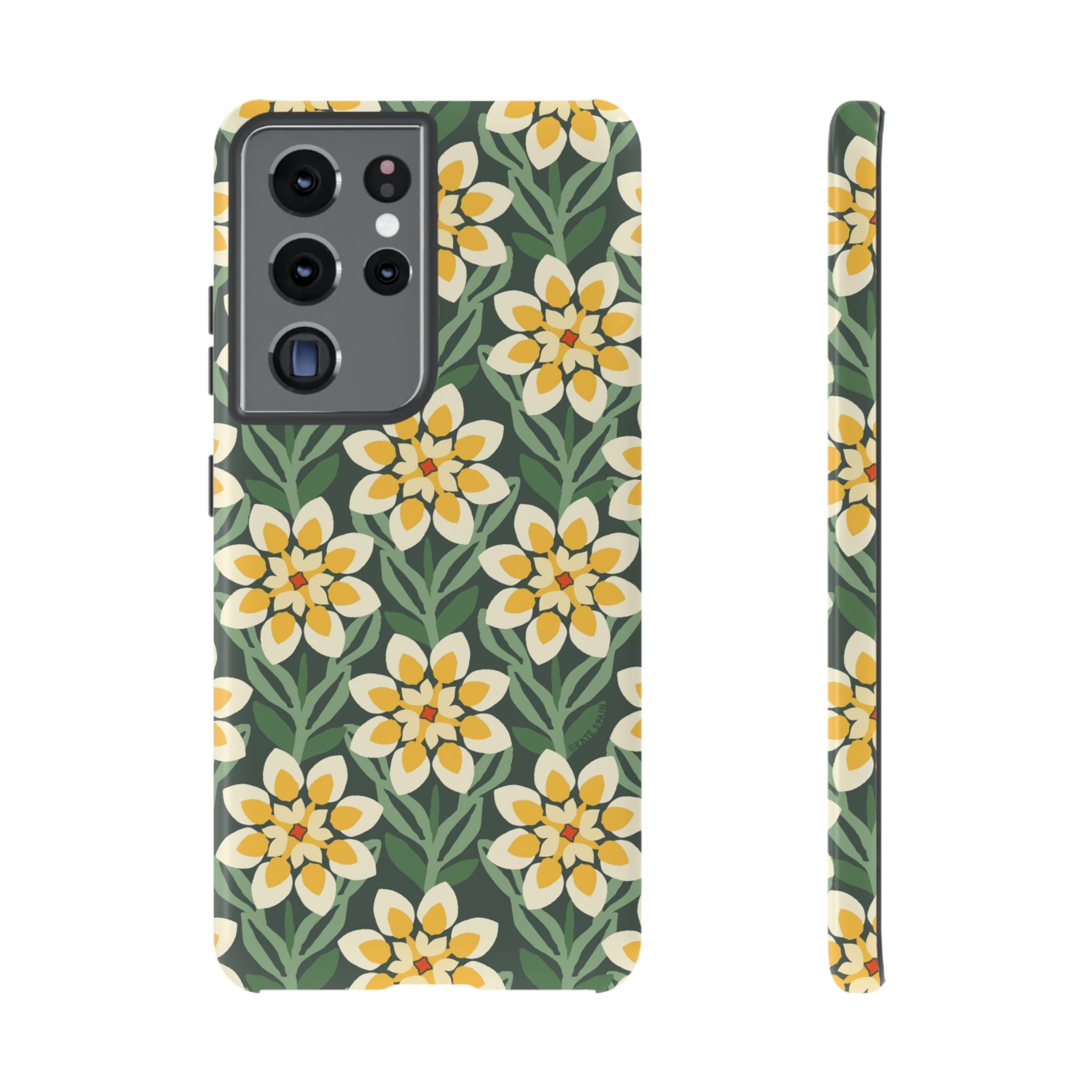 Luxury Modern Dahlia Samsung Galaxy S21 Ultra Case – Glossy | forest green, yellow, cream modern dahlia print