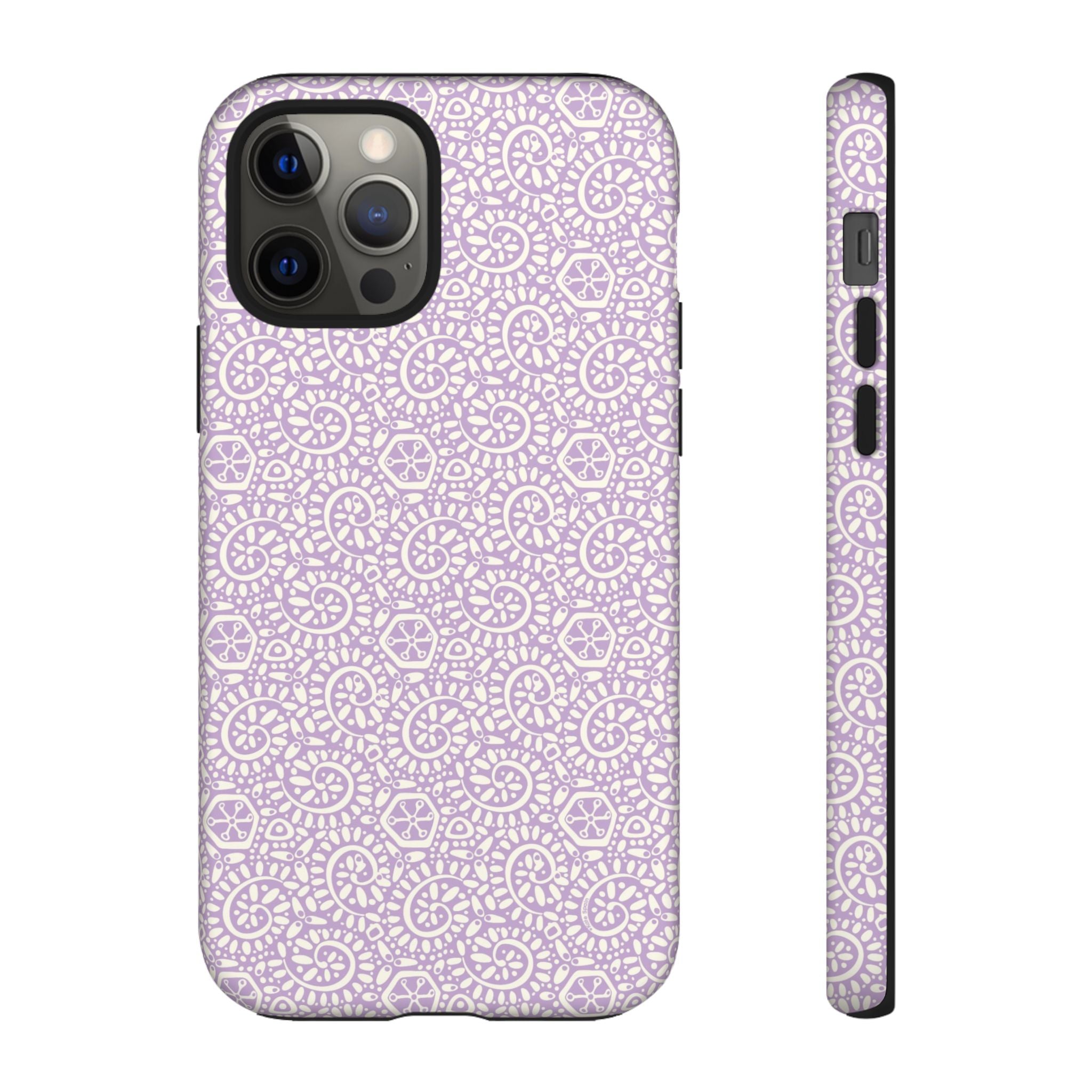Canto Swirls Lavender iPhone 12 Pro Matte Case — lavender hard case covered in an intricate folk-art medallion pattern of radiating circular motifs, dot clusters, and geometric centers