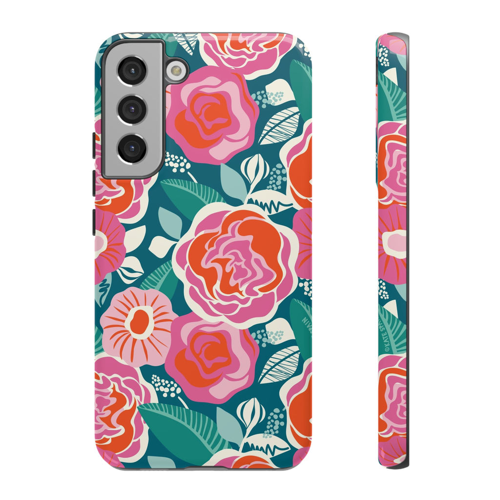 Luxury Tea Rose Teal Samsung Galaxy S22 Plus Case – Glossy | teal, coral, pink botanical rose floral print