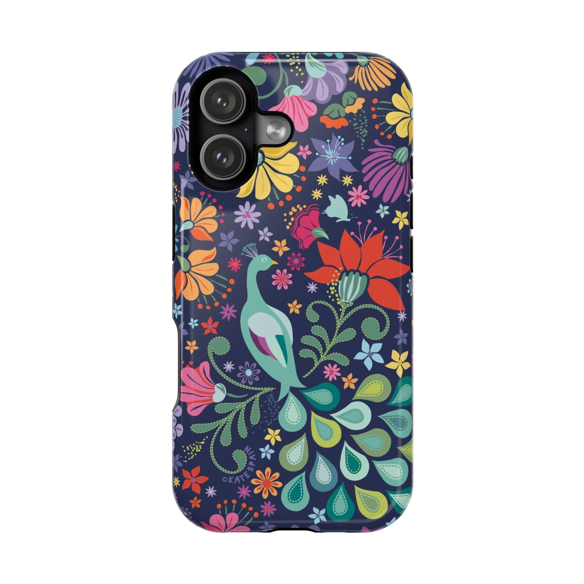 Peacock Sanctuary MagSafe iPhone 17 Case – Glossy | navy, teal, ivory peacock botanical print MagSafe compatible, dual-layer protection