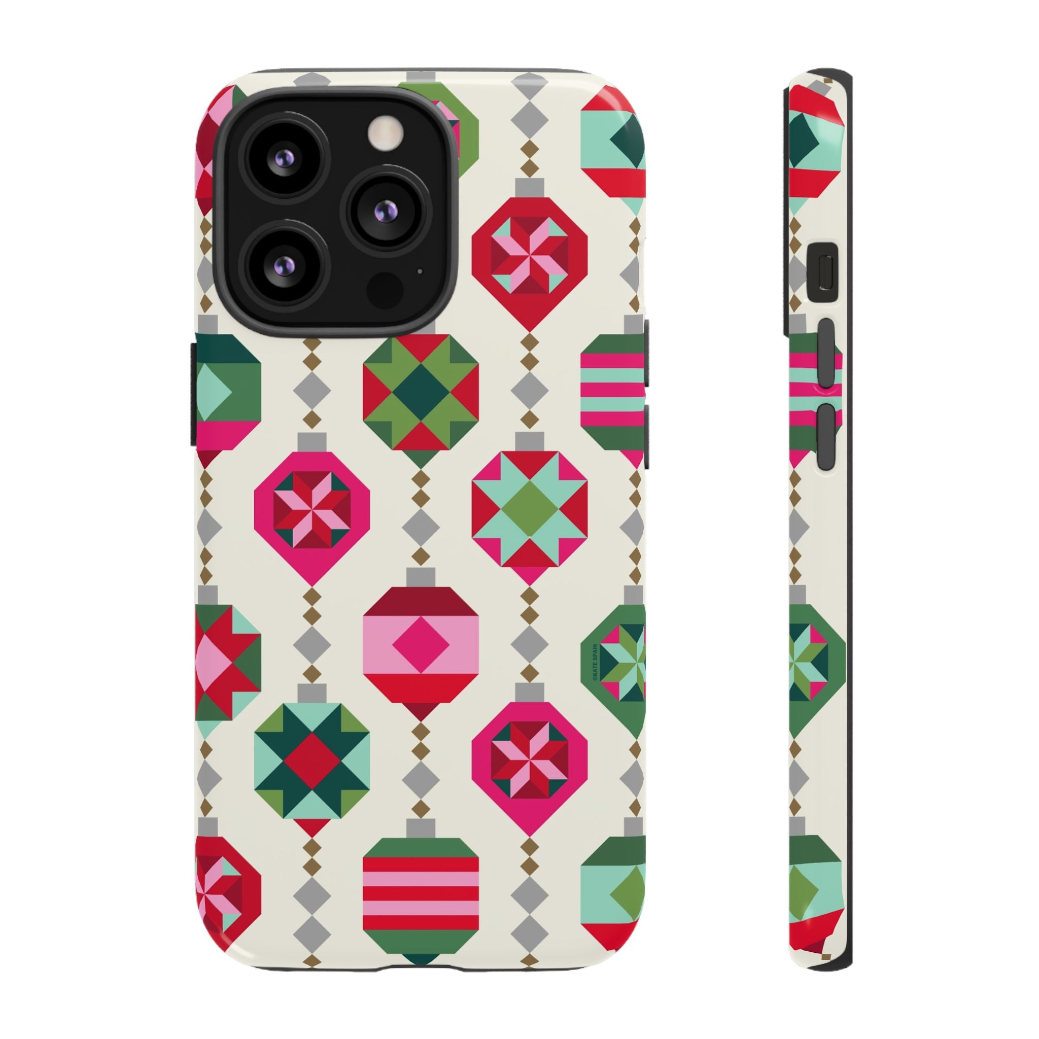 Felicity Ornaments Tough iPhone 13 Pro Case – Glossy | cream, red, pink, green, mint geometric quilted ornament print