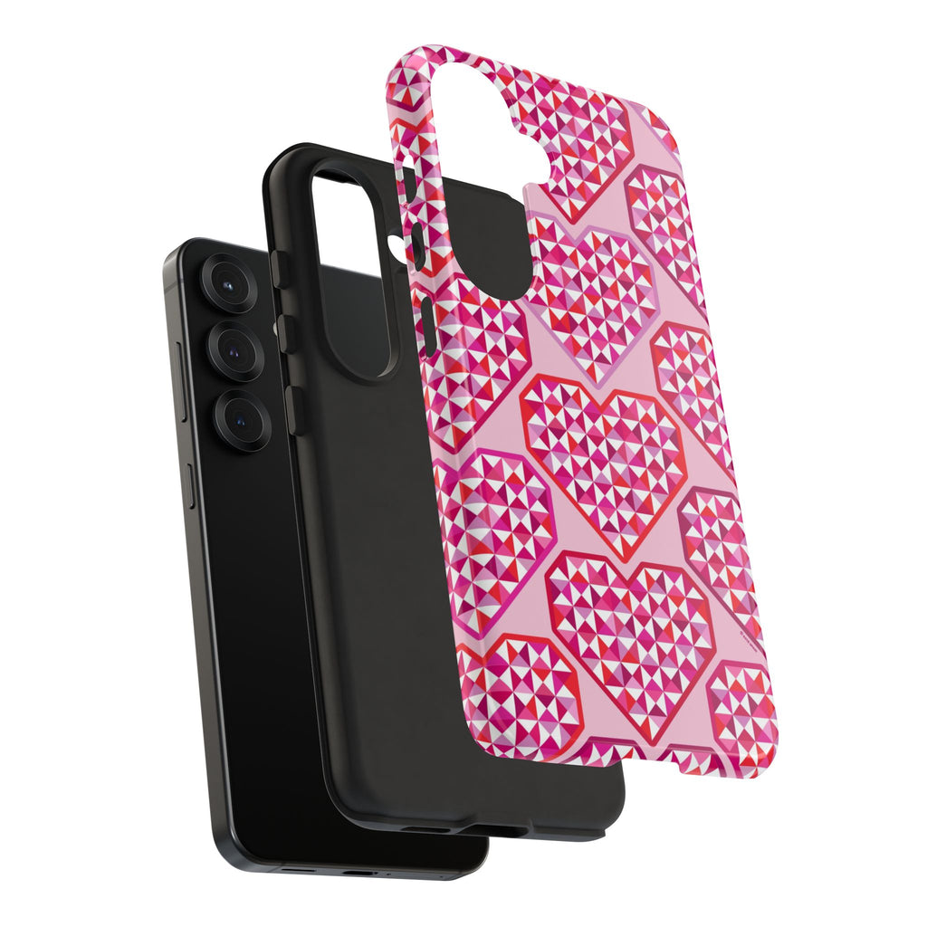 Pink Pyramid Heart Samsung Galaxy S25 Case – Matte | pink, magenta, white geometric heart pyramid print