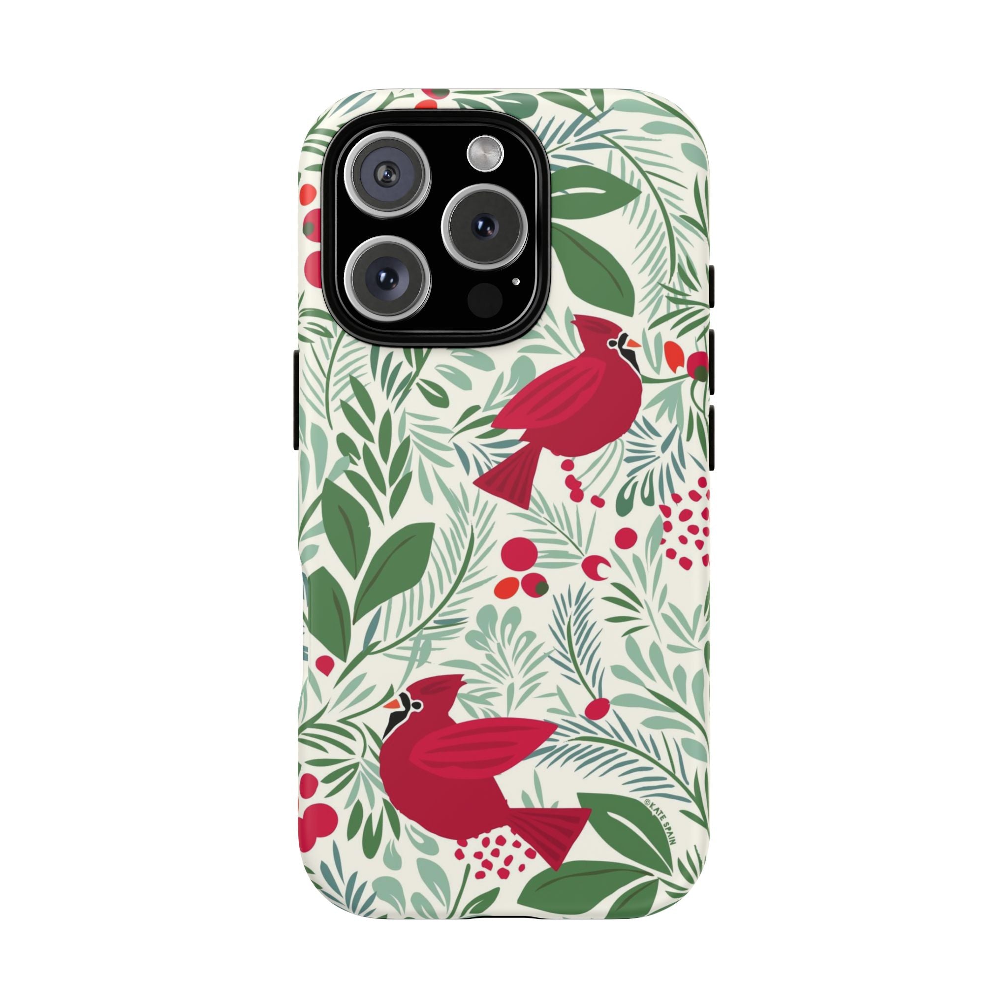Birds and Berries Tough iPhone 16 Pro Case – Matte | cream, red, green botanical cardinal berry print