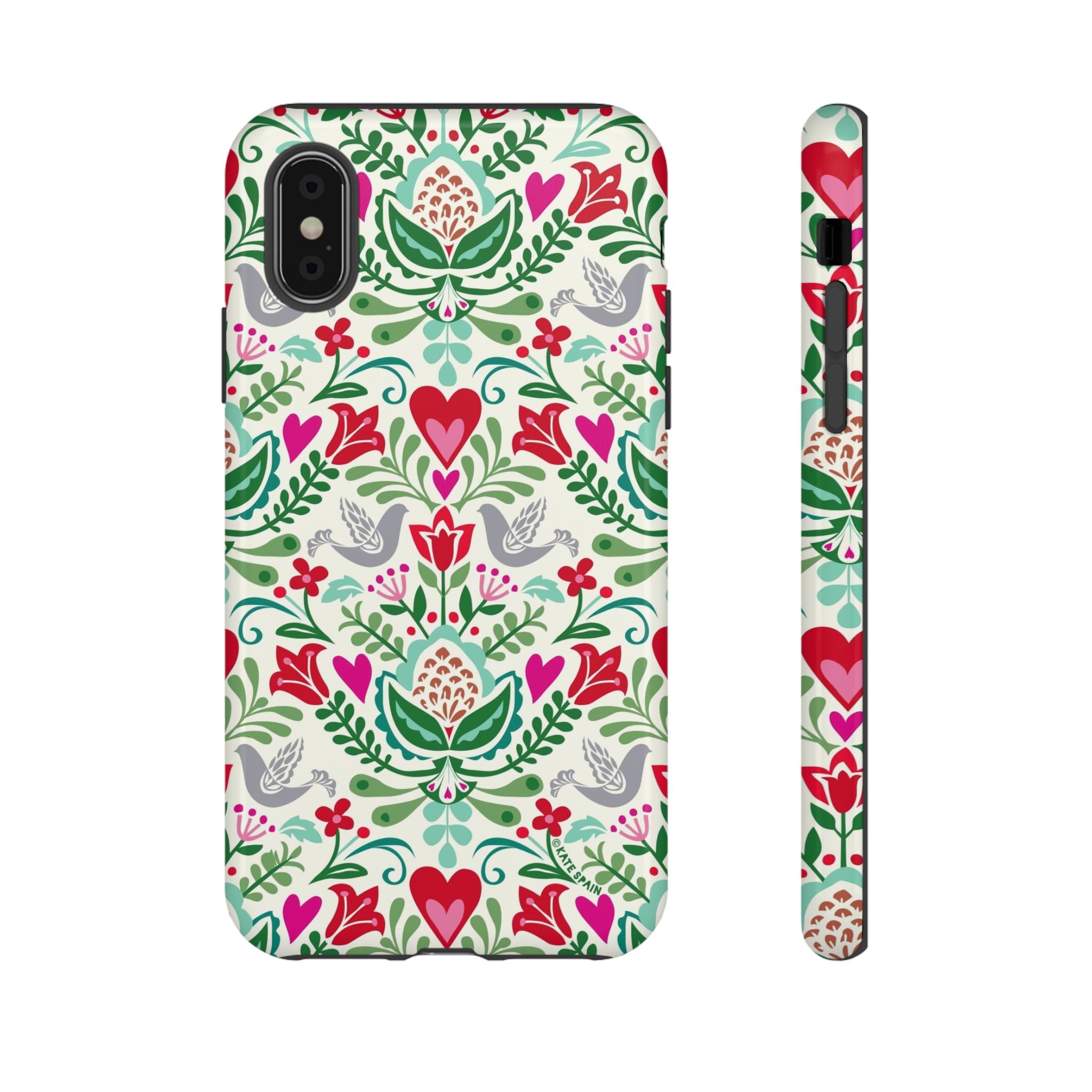 Rosemaling Tough iPhone XS Case – Glossy | cream, red, pink, green, gray folk art floral bird print