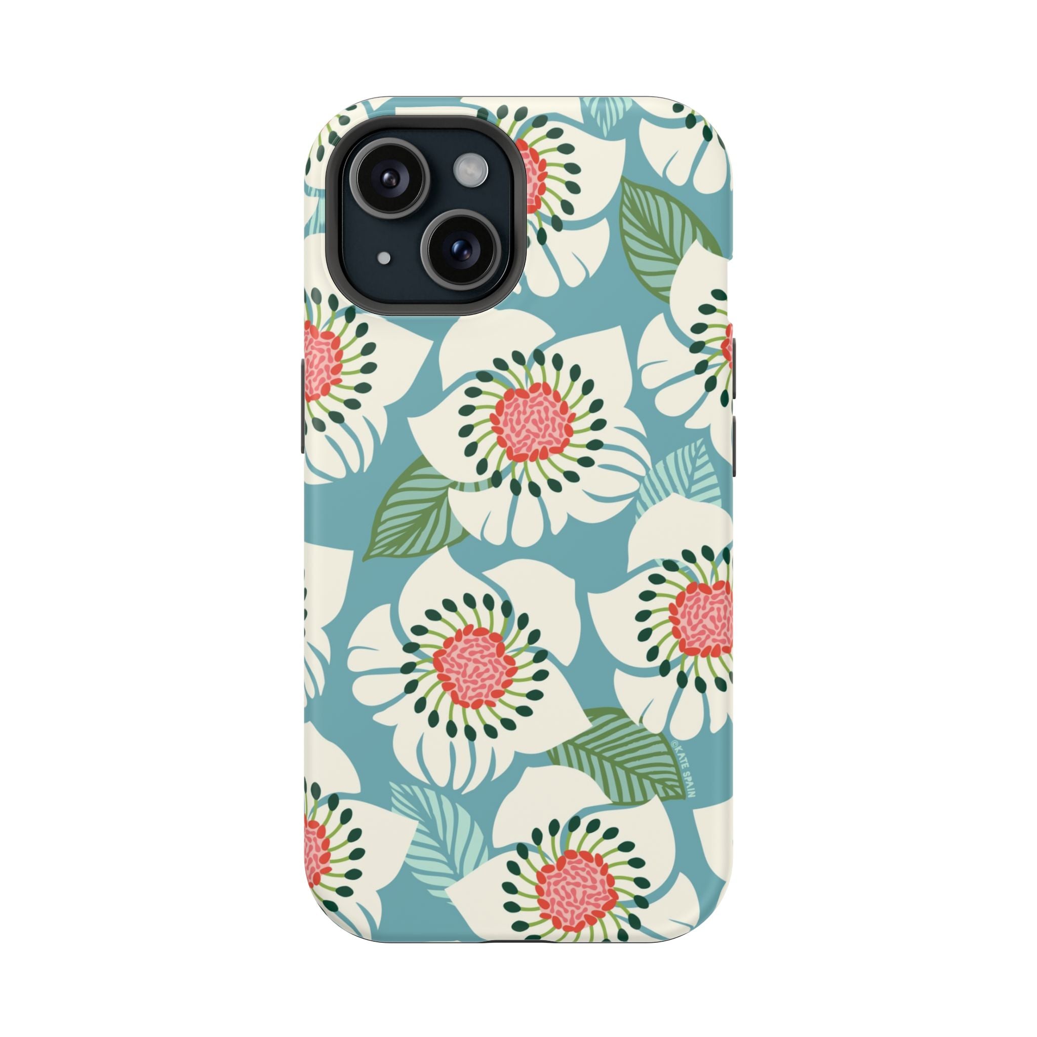 Panache Floral MagSafe iPhone 15 Case – Matte | sky blue, pale cream, pink anemone floral print