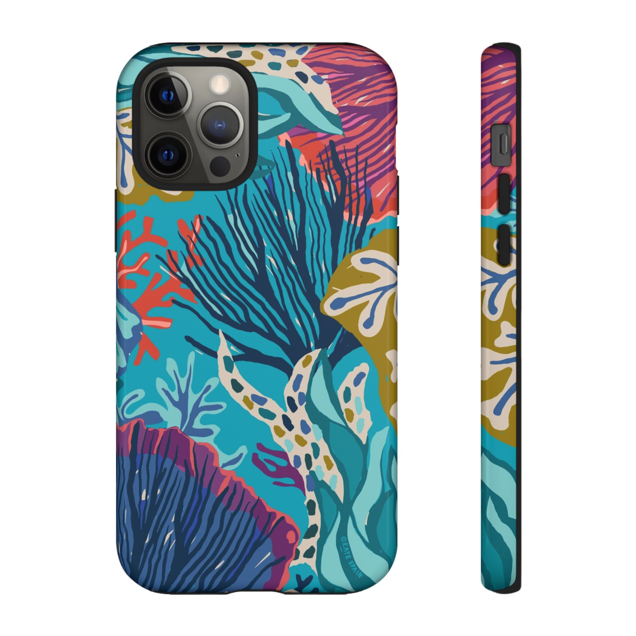 Reef Tough iPhone 12 Pro Case – Glossy | teal, coral, navy, purple botanical coral reef print