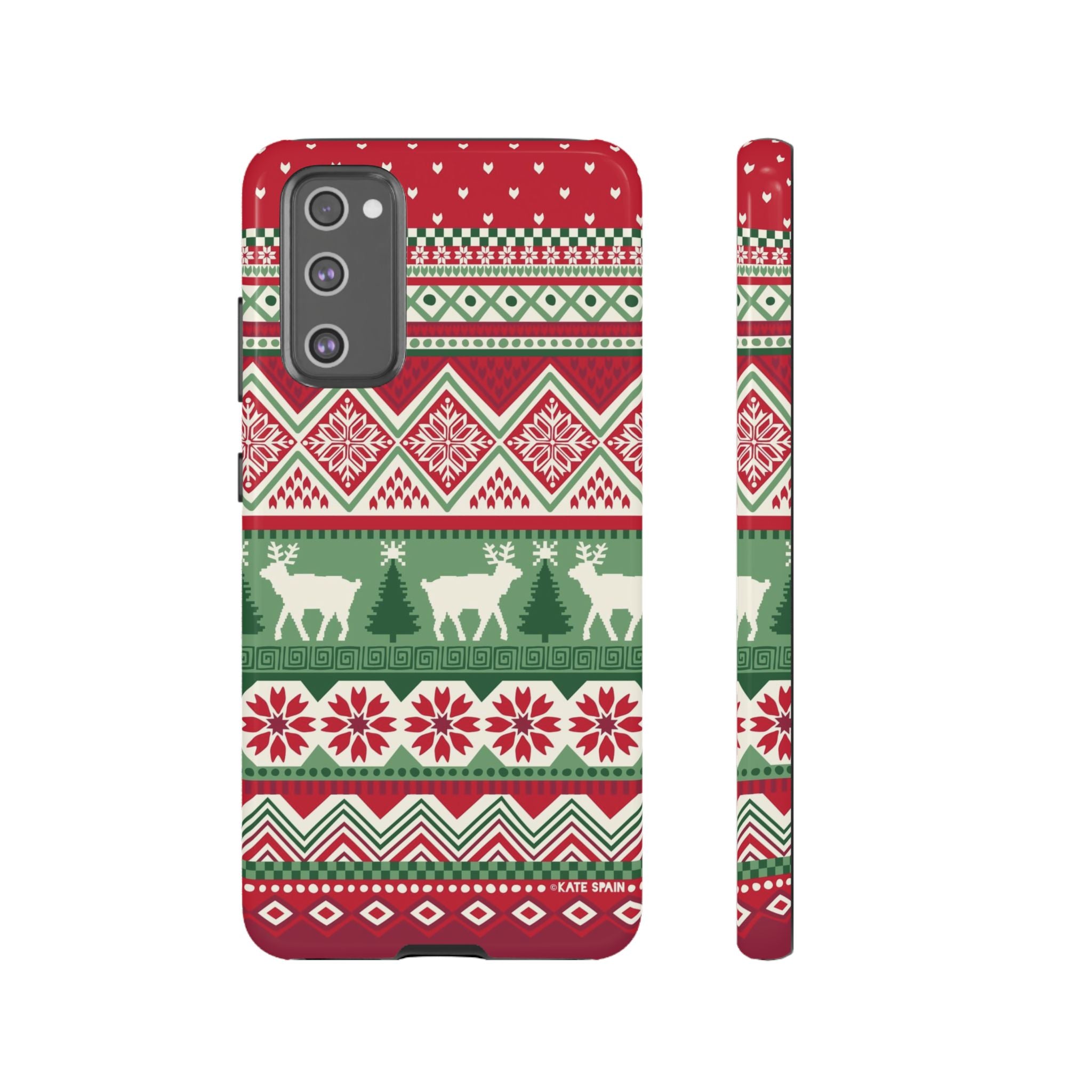 Luxury Telemark Samsung Galaxy S20 FE Case – Glossy | red, green, cream Nordic fair isle reindeer print