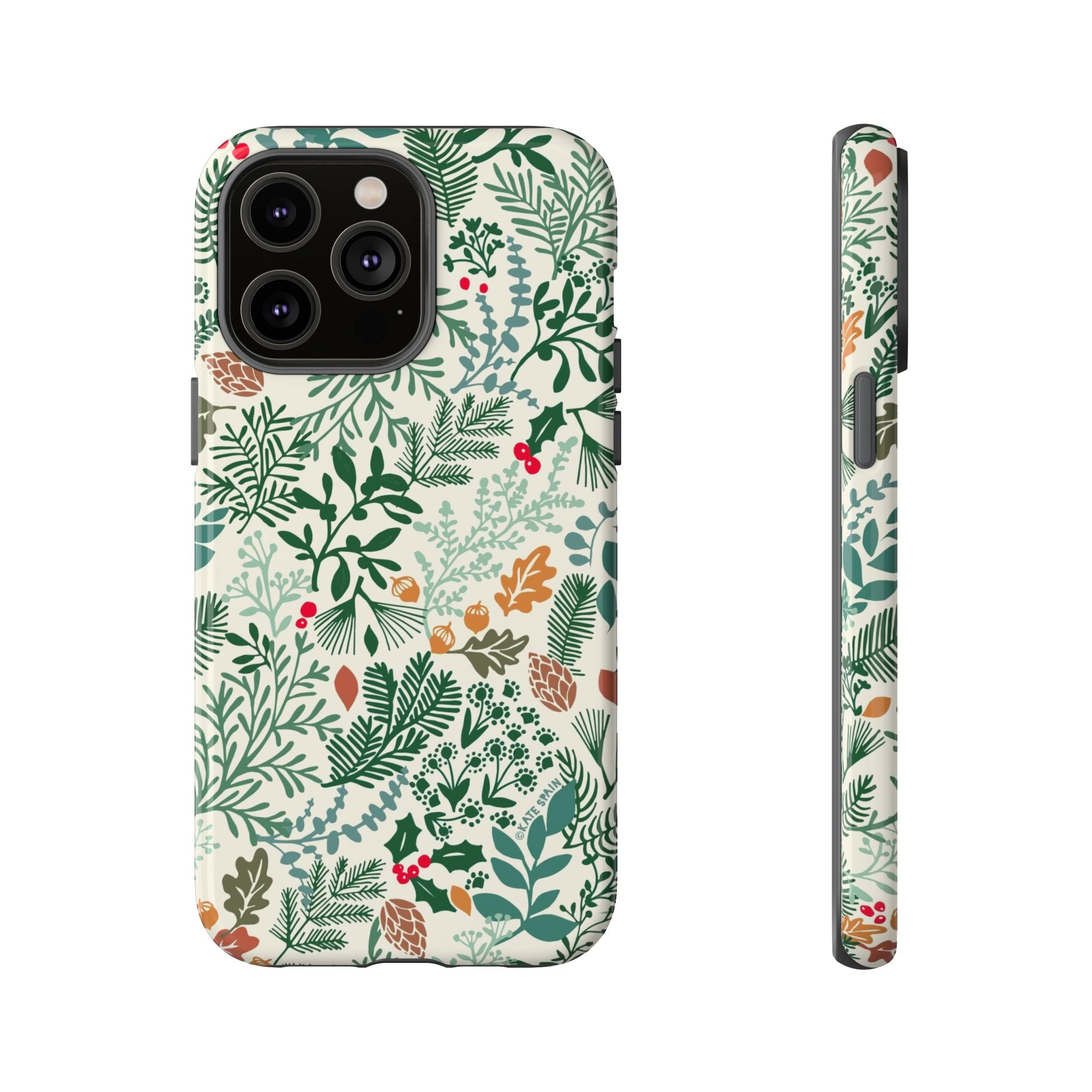 Juniper Tough iPhone 14 Pro Max Case – Glossy | cream, green, red botanical woodland print