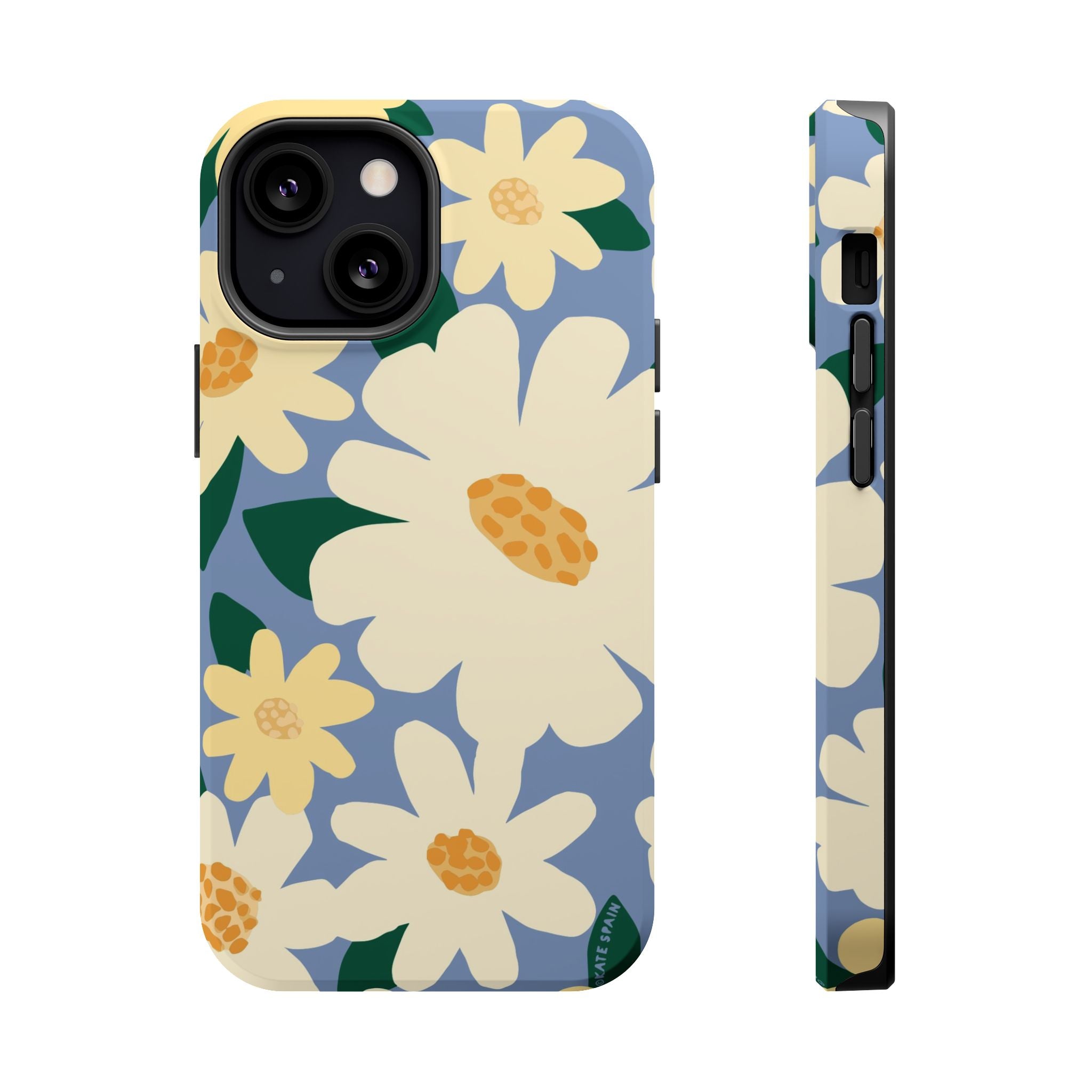 Chamomile MagSafe iPhone 13 Mini Case – Matte | periwinkle, cream, yellow botanical daisy floral print MagSafe compatible, dual-layer protection