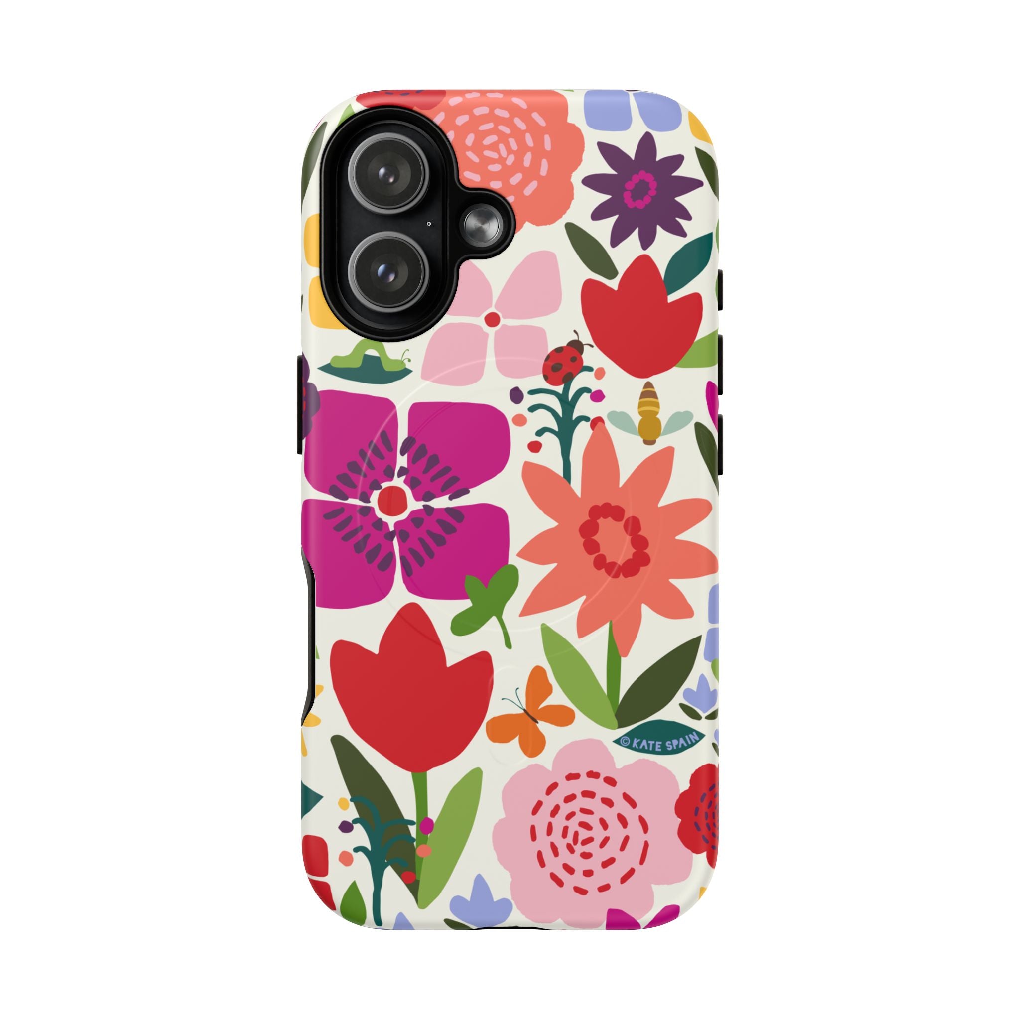 Happy Blooms MagSafe iPhone 17 Case – Matte | cream, red, magenta, coral botanical floral print