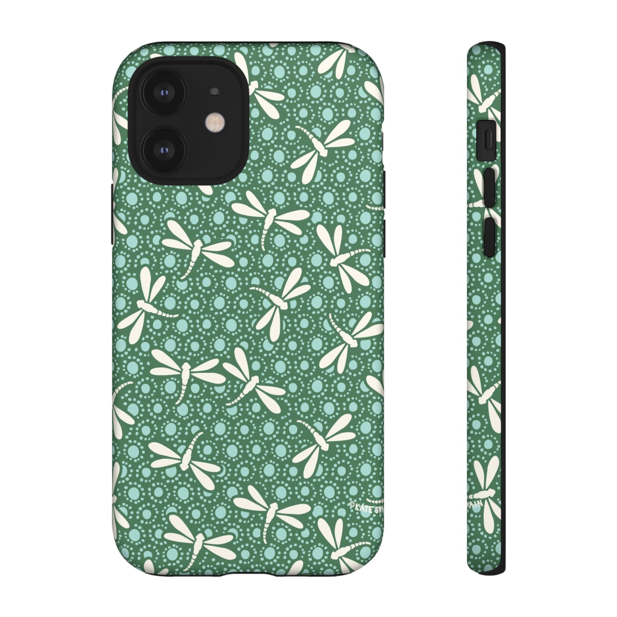 Designer Dragonfly Tough iPhone 12 Case – Matte | jade green, aqua, cream dragonfly print