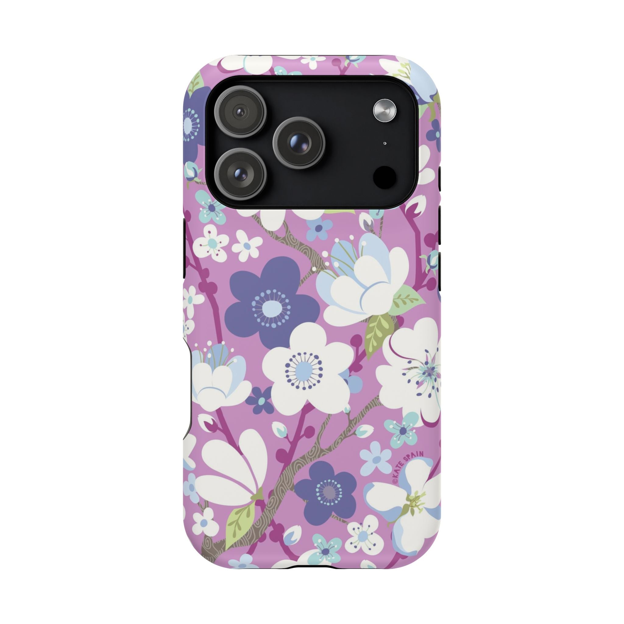 Luxury Cherry Blossom MagSafe iPhone 17 Pro Case – Matte | mauve, purple, blue, white cherry blossom print