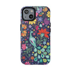 Peacock Sanctuary MagSafe iPhone 14 Case – Matte | navy, teal, coral multicolor vibrant peacock feather botanical print