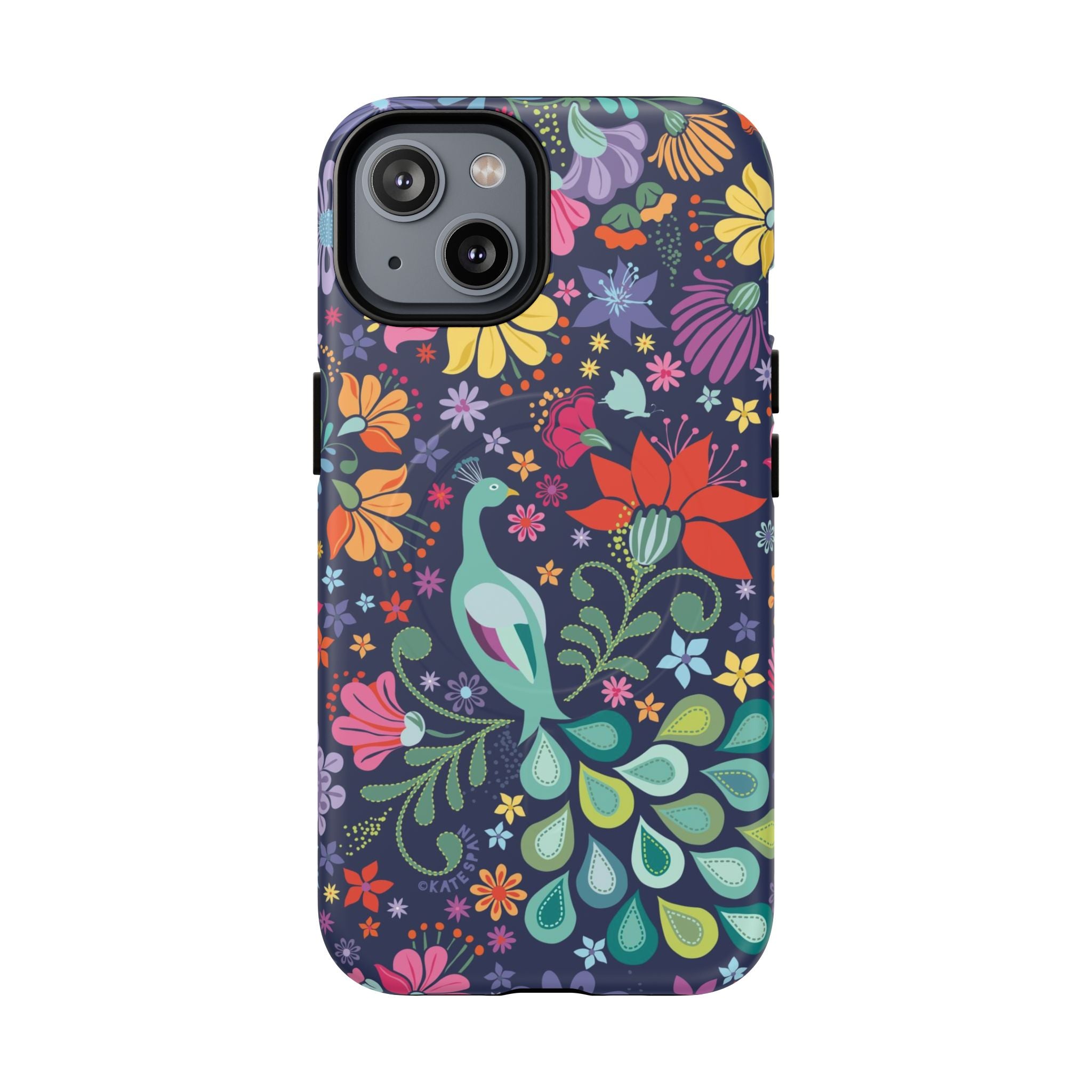 Peacock Sanctuary MagSafe iPhone 14 Case – Matte | navy, teal, coral multicolor vibrant peacock feather botanical print