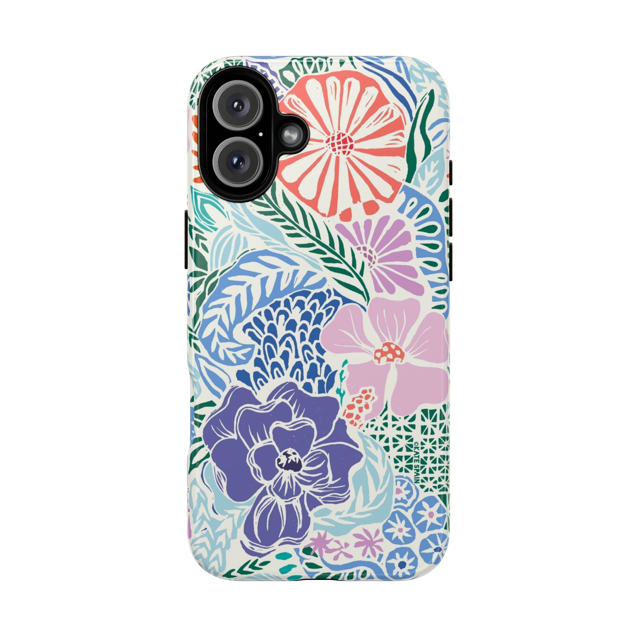 Tropica Tough iPhone 16 Plus Case – Glossy | purple, coral, pink, blue botanical tropical floral print
