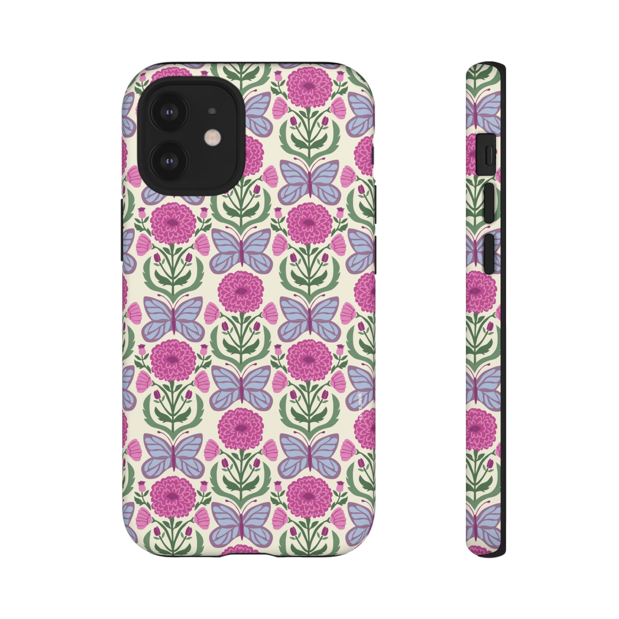 Butterfly Tough iPhone 12 Mini Case – Matte | cream, magenta, periwinkle butterfly floral print