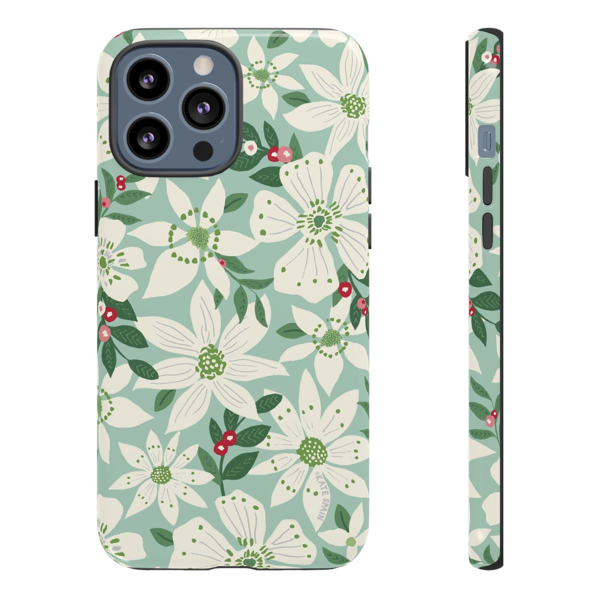Gardenia Tough iPhone 13 Pro Max Case – Glossy | light blue, white, green, red gardenia botanical print