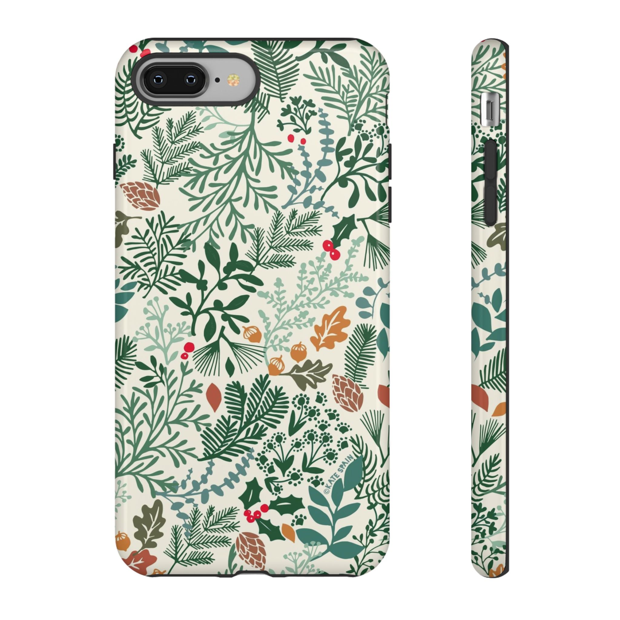 Juniper Tough iPhone 8 Plus Case – Glossy | cream, green, red botanical woodland print
