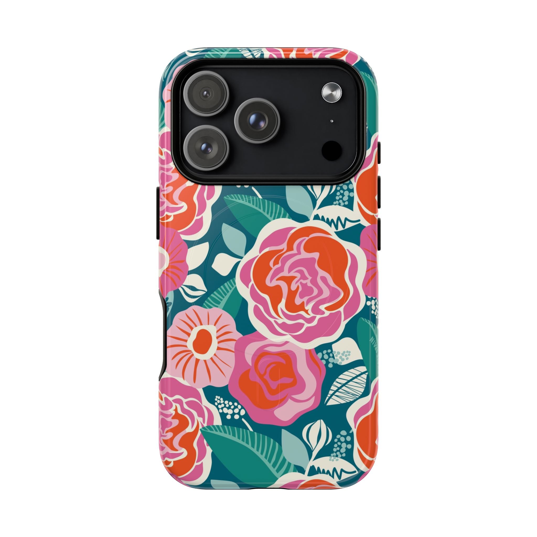 Luxury Tea Rose Teal MagSafe iPhone 17 Pro Case – Glossy | teal, coral, pink botanical rose floral print