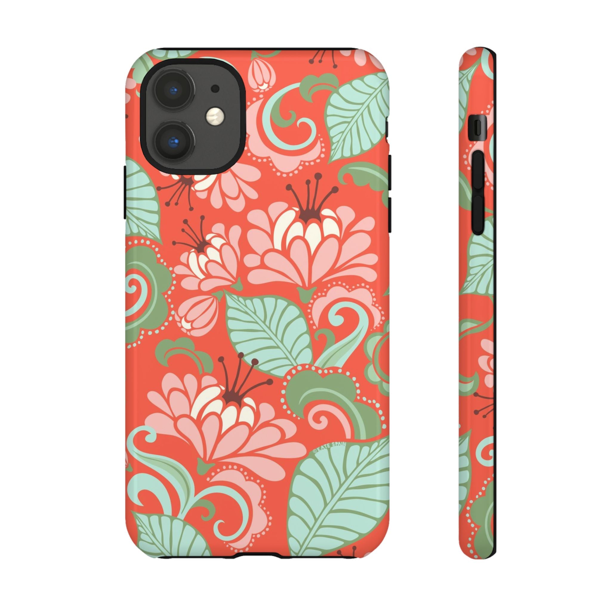 Sarabande Tough iPhone 11 Case – Glossy | coral, pink, cream, green botanical floral print