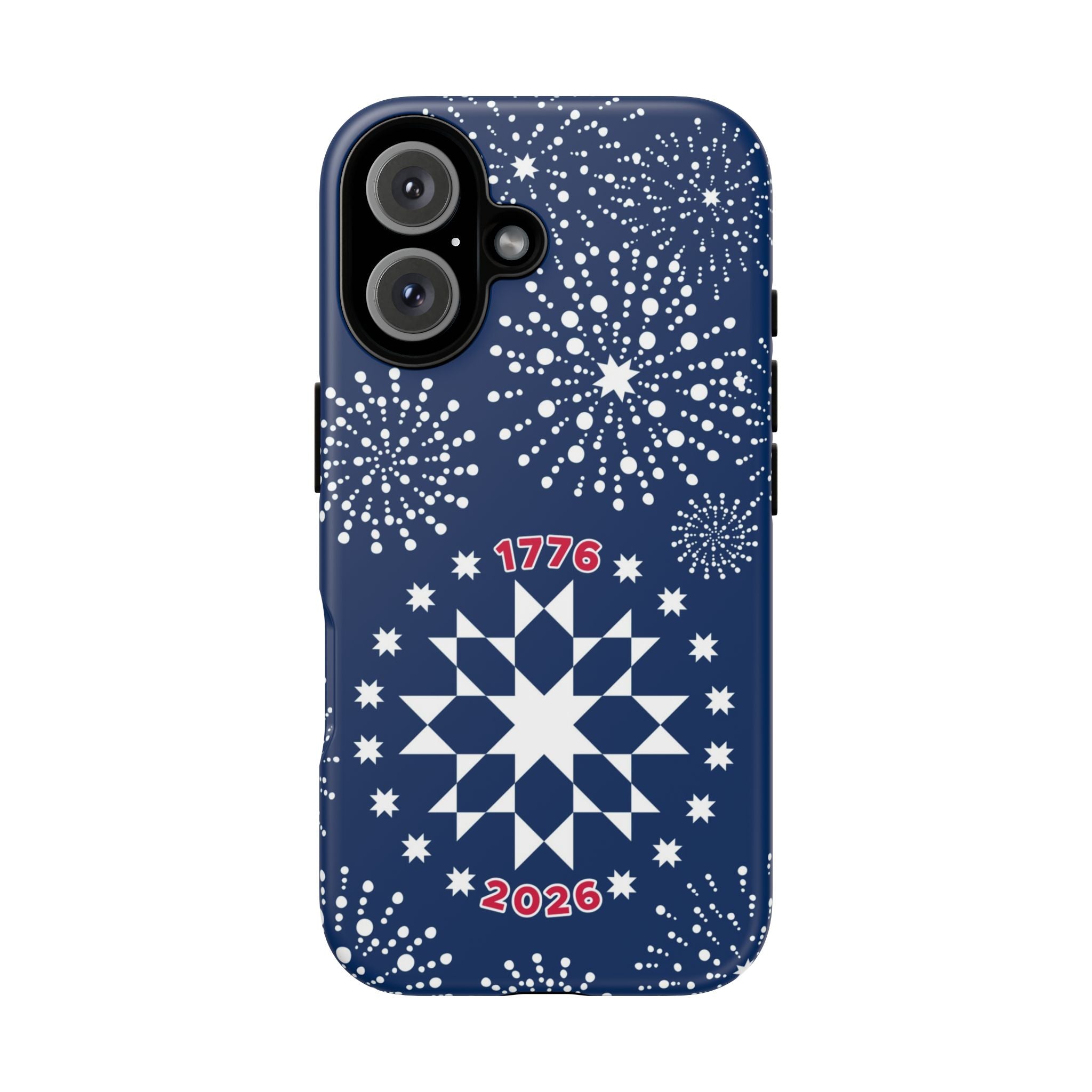 250th Fireworks Tough iPhone 16 Case – Matte | navy, white patriotic star quilt fireworks print